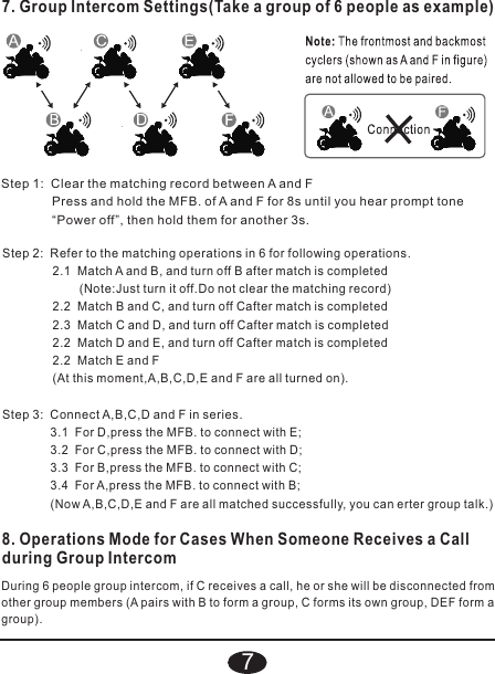 3.1  For D,press the MFB. to connect with E;3.2  For C,press the MFB. to connect with D;3.3  For B,press the MFB. to connect with C;3.4  For A,press the MFB. to connect with B;(Now A,B,C,D,E and F are all matched successfully, you can erter group talk.)2.1  Match A and B, and turn off B after match is completed        (Note:Just turn it off.Do not clear the matching record)2.2  Match B and C, and turn off Cafter match is completed2.3  Match C and D, and turn off Cafter match is completed2.2  Match D and E, and turn off Cafter match is completed2.2  Match E and F(At this moment,A,B,C,D,E and F are all turned on).Step 2:  Refer to the matching operations in 6 for following operations.Step 3:  Connect A,B,C,D and F in series.8. Operations Mode for Cases When Someone Receives a Call during Group Intercom During 6 people group intercom, if C receives a call, he or she will be disconnected from other group members (A pairs with B to form a group, C forms its own group, DEF form a group).Step 1:  Clear the matching record between A and FPress and hold the MFB. of A and F for 8s until you hear prompt tone “Power off”, then hold them for another 3s.7. Group Intercom Settings(Take a group of 6 people as example)7