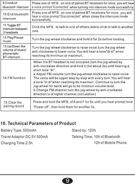 MFB.a voice prompt“Connected”MFB.hear a voice prompt“Disconnected”MFB.10. Technical Parameters of Product9Battery Type: 500mAh Stand by: 120hTravel Adaptor:DC 5V 500mA Talking Time: 10h of Bluetooth12h of Mobile PhoneCharging Time:2.5h15.Clear the pairing recordPress and hold the MFB. of A and F for 8s until you hear prompt tone “Power off”, then hold them for another 3s.