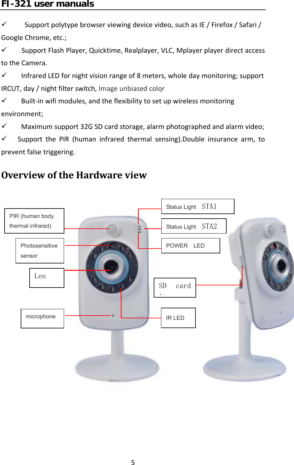 FI-321 user manuals59 Supportpolytypebrowserviewingdevicevideo,suchasIE/Firefox/Safari/GoogleChrome,etc.;9  SupportFlashPlayer,Quicktime,Realplayer,VLC,MplayerplayerdirectaccesstotheCamera.9 InfraredLEDfornightvisionrangeof8meters,wholedaymonitoring;supportIRCUT,day/nightfilterswitch,Imageunbiasedcolor9 Built‐inwifimodules,andtheflexibilitytosetupwirelessmonitoringenvironment;9 Maximumsupport32GSDcardstorage,alarmphotographedandalarmvideo;9 SupportthePIR(humaninfraredthermalsensing).Doubleinsurancearm,topreventfalsetriggering.OverviewoftheHardwareviewPIR (human body thermal infrared)Status Light    STA1Photosensitive sensorIR LED microphoneLen SD  card trStatus Light    STA2POWER  LED