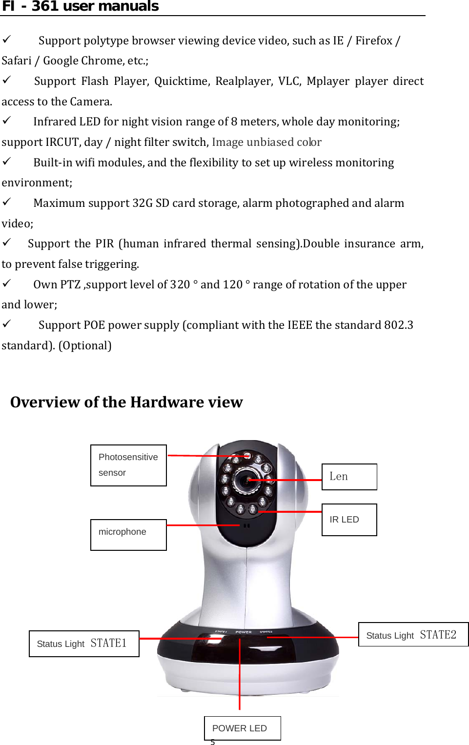 FI - 361 user manuals59 Supportpolytypebrowserviewingdevicevideo,suchasIE/Firefox/Safari/GoogleChrome,etc.;9  Support Flash Player, Quicktime, Realplayer, VLC, MplayerplayerdirectaccesstotheCamera.9 InfraredLEDfornightvisionrangeof8meters,wholedaymonitoring;supportIRCUT,day/nightfilterswitch,Imageunbiasedcolor　9 Built‐inwifimodules,andtheflexibilitytosetupwirelessmonitoringenvironment;9 Maximumsupport32GSDcardstorage,alarmphotographedandalarmvideo;9 Support the PIR (human infrared thermal sensing).Double insurance arm,topreventfalsetriggering.9 OwnPTZ,supportlevelof320°and120°rangeofrotationoftheupperandlower;9 SupportPOEpowersupply(compliantwiththeIEEEthestandard802.3standard).(Optional)OverviewoftheHardwareviewIR LED Len Status Light STATE1Status Light STATE2POWER LED microphonePhotosensitive sensor 