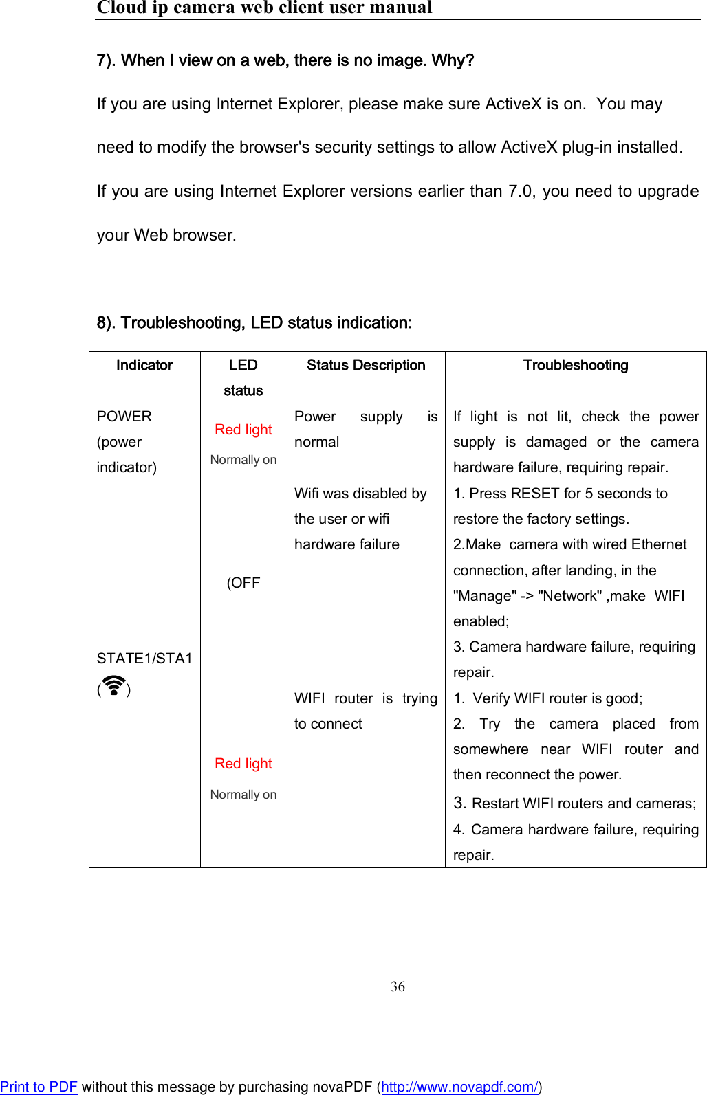 Cloud ip camera web client user manual 36  7). When I view on a web, there is no image. Why? If you are using Internet Explorer, please make sure ActiveX is on.  You may need to modify the browser&apos;s security settings to allow ActiveX plug-in installed.  If you are using Internet Explorer versions earlier than 7.0, you need to upgrade your Web browser.  8). Troubleshooting, LED status indication: Indicator LED status Status Description Troubleshooting POWER (power indicator) Red light Normally on Power  supply  is normal If  light  is  not  lit,  check  the  power supply  is  damaged  or  the  camera hardware failure, requiring repair. STATE1/STA1 ( ) (OFF Wifi was disabled by the user or wifi hardware failure 1. Press RESET for 5 seconds to restore the factory settings. 2.Make  camera with wired Ethernet connection, after landing, in the &quot;Manage&quot; -&gt; &quot;Network&quot; ,make  WIFI enabled; 3. Camera hardware failure, requiring repair. Red light Normally on WIFI  router  is  trying to connect 1.  Verify WIFI router is good; 2.  Try  the  camera  placed  from somewhere  near  WIFI  router  and then reconnect the power.  3. Restart WIFI routers and cameras; 4. Camera hardware failure, requiring repair. Print to PDF without this message by purchasing novaPDF (http://www.novapdf.com/)