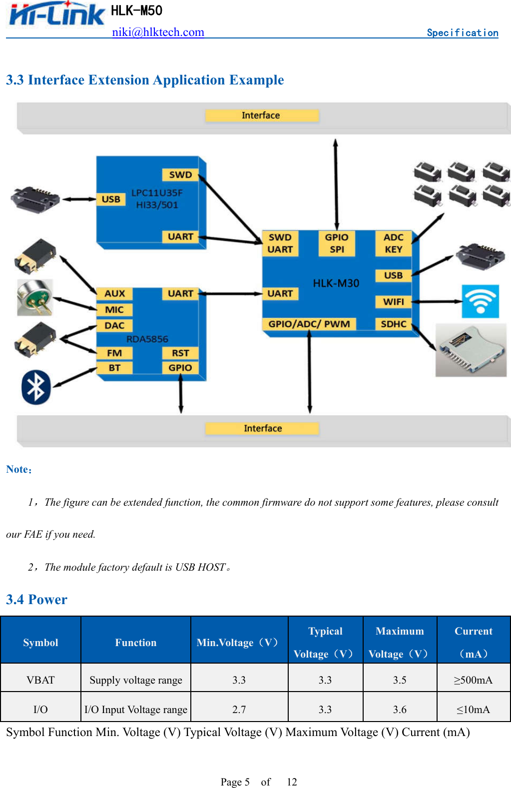                          niki@hlktech.com                                    Specification         HLK-M50 Page 5    of      12  3.3 Interface Extension Application Example  Note： 1，The figure can be extended function, the common firmware do not support some features, please consult our FAE if you need. 2，The module factory default is USB HOST。 3.4 Power Symbol  Function  Min.Voltage（V） Typical Voltage（V） Maximum Voltage（V） Current（mA） VBAT  Supply voltage range 3.3  3.3  3.5  ≥500mA I/O  I/O Input Voltage range 2.7  3.3  3.6  ≤10mA Symbol Function Min. Voltage (V) Typical Voltage (V) Maximum Voltage (V) Current (mA) 