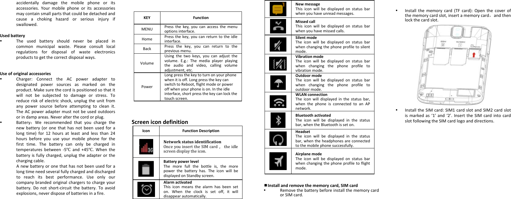  accidentallydamagethemobilephoneoritsaccessories.Yourmobilephoneoritsaccessoriesmaycontainsmallpartsthatcouldbedetachedandcauseachokinghazardorseriousinjuryifswallowed.Usedbattery Theusedbatteryshouldneverbeplacedincommonmunicipalwaste.Pleaseconsultlocalregulationsfordisposalofwasteelectronicsproductstogetthecorrectdisposalways.Useoforiginalaccessories Charger:ConnecttheACpoweradaptertodesignatedpowersourcesasmarkedontheproduct.Makesurethecordispositionedsothatitwillnotbesubjectedtodamageorstress.Toreduceriskofelectricshock,unplugtheunitfromanypowersourcebeforeattemptingtocleanit.TheACpoweradaptermustnotbeusedoutdoorsorindampareas.Neveralterthecordorplug. Battery：Werecommendedthatyouchargethenewbattery(oronethathasnotbeenusedforalongtime)for12hoursatleastandlessthan24hoursbeforeyouuseyourmobilephoneforthefirsttime.Thebatterycanonlybechargedintemperaturesbetween‐5and+45.Whenthebatteryisfullycharged,unplugtheadapterorthechargingcable.Anewbatteryoronethathasnotbeenusedforalongtimeneedseveralfullychargedanddischargedtoreachitsbestperformance.Useonlyourcompanybrandedoriginalchargerstochargeyourbattery.Donotshort‐circuitthebattery.Toavoidexplosions,neverdisposeofbatteriesinafire.ScreenicondefinitionIconFunctionDescriptionNetworkstatusidentificationOnceyouinserttheSIMcard，theidlescreendisplaytheicon.BatterypowerlevelThemorefullthebottleis,themorepowerthebatteryhas.TheiconwillbedisplayedonStandbyscreen.AlarmactivatedThisiconmeansthealarmhasbeenseton.Whentheclockissetoff,itwilldisappearautomatically.NewmessageThisiconwillbedisplayedonstatusbarwhenyouhaveunreadmessages.MissedcallThisiconwillbedisplayedonstatusbarwhenyouhavemissedcalls.SilentmodeTheiconwillbedisplayedonstatusbarwhenchangingthephoneprofiletosilentmode.VibrationmodeTheiconwillbedisplayedonstatusbarwhenchangingthephoneprofiletovibrationmode.OutdoormodeTheiconwillbedisplayedonstatusbarwhenchangingthephoneprofiletooutdoormode.WLANconnectionTheiconwilldisplayedinthestatusbar,whenthephoneisconnectedtoanAPnetwork.BluetoothactivatedTheiconwillbedisplayedinthestatusbar,whentheBluetoothisseton.HeadsetTheiconwillbedisplayedinthestatusbar,whentheheadphonesareconnectedtothemobilephonesuccessfully.AirplanemodeTheiconwillbedisplayedonstatusbarwhenchangingthephoneprofiletoflightmode.Installandremovethememorycard,SIMcard RemovethebatterybeforeinstallthememorycardorSIMcard. Installthememorycard(TFcard):Openthecoverofthememorycardslot,insertamemorycard，andthenlockthecardslot. InstalltheSIMcard:SIM1cardslotandSIM2cardslotismarkedas‘1’and‘2’.InserttheSIMcardintocardslotfollowingtheSIMcardlogoanddirections.KEYFunctionMENUPressthekey, youcanaccessthemenuoptionsinterface.HomePressthekey, youcanreturntotheidleinterface.BackPressthekey,youcanreturntothepreviousmenu.VolumeUsingthetwokeys,youcanadjustthevolume.E.g.:Themediaplayerplayingtheaudioandvideo,callingvolumeadjustment,etc.PowerLongpressthekeytoturnonyourphonewhenitisoff.LongpressthekeycanswitchtoReboot,flightmodeorpoweroffwhenyourphoneison.Intheidleinterface,shortpressthekeycanlockthetouchscreen.
