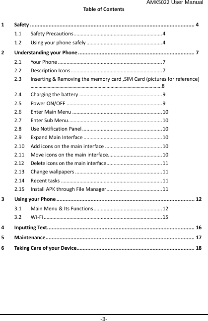                                              AMK5022 User Manual -3- Table of Contents 1 Safety .......................................................................................................... 4 1.1 Safety Precautions .............................................................. 4 1.2 Using your phone safely ..................................................... 4 2 Understanding your Phone ........................................................................... 7 2.1 Your Phone ......................................................................... 7 2.2 Description Icons ................................................................ 7 2.3 Inserting &amp; Removing the memory card ,SIM Card (pictures for reference) ……………………………………………………………………………………….8 2.4 Charging the battery .......................................................... 9 2.5 Power ON/OFF ................................................................... 9 2.6 Enter Main Menu ............................................................... 10 2.7 Enter Sub Menu .................................................................. 10 2.8 Use Notification Panel ........................................................ 10 2.9 Expand Main Interface ....................................................... 10 2.10 Add icons on the main interface ........................................ 10 2.11 Move icons on the main interface...................................... 10 2.12 Delete icons on the main interface ....................................... 11 2.13 Change wallpapers ............................................................. 11 2.14 Recent tasks ....................................................................... 11 2.15 Install APK through File Manager ....................................... 11 3 Using your Phone ......................................................................................... 12 3.1 Main Menu &amp; Its Functions ................................................ 12 3.2 Wi-Fi ................................................................................... 15 4 Inputting Text ............................................................................................... 16 5 Maintenance ................................................................................................ 17 6 Taking Care of your Device ............................................................................ 18  