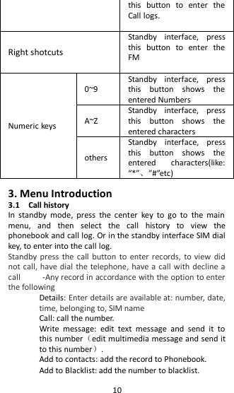   10  3. Menu Introduction 3.1    Call history In  standby  mode,  press  the  center  key  to  go  to  the  main menu,  and  then  select  the  call  history  to  view  the phonebook and call log. Or in the standby interface SIM dial key, to enter into the call log. Standby press  the call button to  enter records, to view did not call, have dial the telephone, have a call with decline a call          -Any record in accordance with the option to enter the following Details: Enter details are available at: number, date, time, belonging to, SIM name Call: call the number. Write  message:  edit  text  message  and  send  it  to this number（edit multimedia message and send it to this number）. Add to contacts: add the record to Phonebook. Add to Blacklist: add the number to blacklist. this  button  to  enter  the Call logs.  Right shotcuts Standby  interface,  press this  button  to  enter  the FM  Numeric keys 0~9 Standby  interface,  press this  button  shows  the entered Numbers A~Z   Standby  interface,  press this  button  shows  the entered characters others Standby  interface,  press this  button  shows  the entered  characters(like: “*”、”#”etc) 