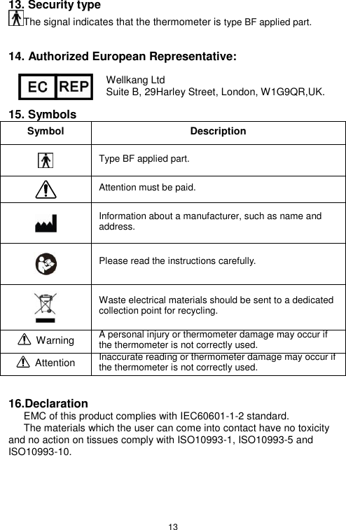 13  13. Security type The signal indicates that the thermometer is type BF applied part.   14. Authorized European Representative:  Wellkang Ltd Suite B, 29Harley Street, London, W1G9QR,UK.  15. Symbols Symbol Description  Type BF applied part.  Attention must be paid.  Information about a manufacturer, such as name and address.  Please read the instructions carefully.  Waste electrical materials should be sent to a dedicated collection point for recycling.   Warning A personal injury or thermometer damage may occur if the thermometer is not correctly used.   Attention Inaccurate reading or thermometer damage may occur if the thermometer is not correctly used.  16.Declaration    EMC of this product complies with IEC60601-1-2 standard.    The materials which the user can come into contact have no toxicity and no action on tissues comply with ISO10993-1, ISO10993-5 and ISO10993-10.  