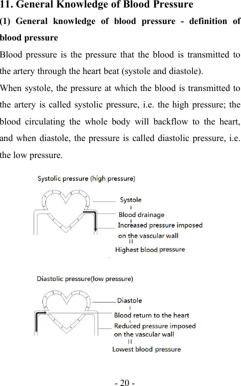 - 20 -11. General Knowledge of Blood Pressure(1) General knowledge of blood pressure - definition ofblood pressureBlood pressure is the pressure that the blood is transmitted tothe artery through the heart beat (systole and diastole).When systole, the pressure at which the blood is transmitted tothe artery is called systolic pressure, i.e. the high pressure; theblood circulating the whole body will backflow to the heart,and when diastole, the pressure is called diastolic pressure, i.e.the low pressure.