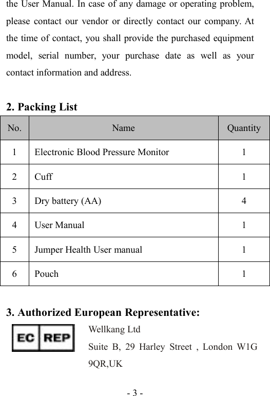 - 3 -the User Manual. In case of any damage or operating problem,please contact our vendor or directly contact our company. Atthe time of contact, you shall provide the purchased equipmentmodel, serial number, your purchase date as well as yourcontact information and address.2. Packing ListNo.NameQuantity1Electronic Blood Pressure Monitor12Cuff13Dry battery (AA)44User Manual15Jumper Health User manual16Pouch13. Authorized European Representative:Wellkang LtdSuite B, 29 Harley Street , London W1G9QR,UK