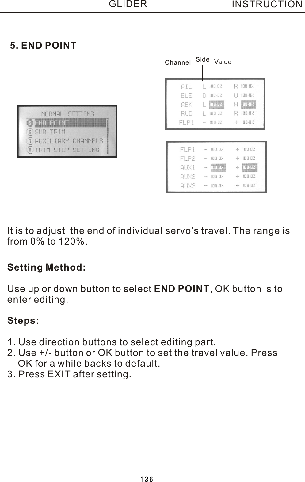 5. END POINTIt is to adjust  the end of individual servo’s travel. The range isfrom 0% to 120%.Setting Method:Use up or down button to select END POINT,  OK button is to enter editing.Steps:1. Use direction buttons to select editing part.2. Use +/- button or OK button to set the travel value. Press     OK for a while backs to default.3. Press EXIT after setting.Channel Side ValueINSTRUCTIONGLIDER136