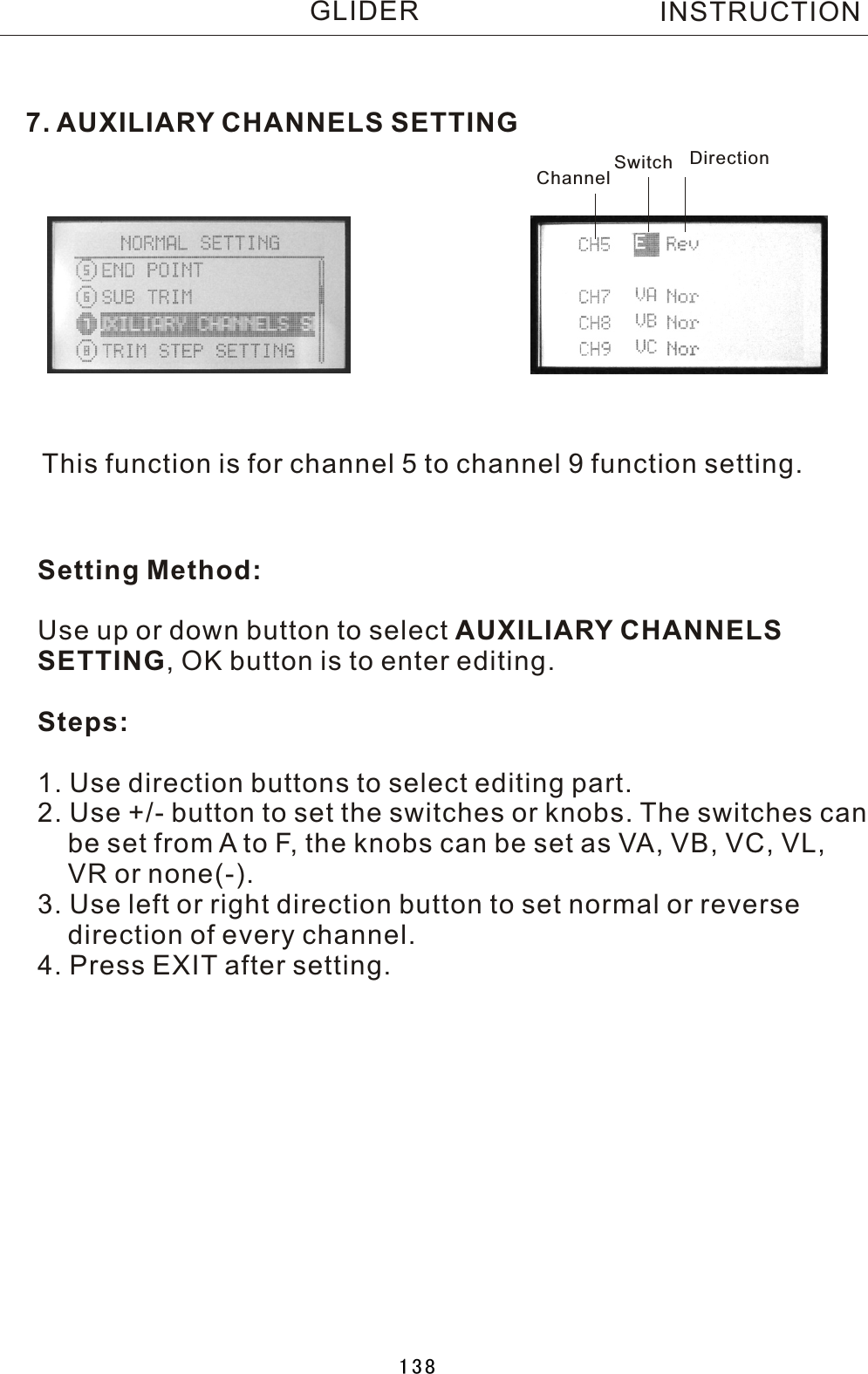 7. AUXILIARY CHANNELS SETTINGThis function is for channel 5 to channel 9 function setting.Setting Method:Use up or down button to select AUXILIARY CHANNELS SETTING,  OK button is to enter editing.Steps:1. Use direction buttons to select editing part.2. Use +/- button to set the switches or knobs. The switches can     be set from  A  to F, the knobs can be set as VA, VB, VC, VL,     VR or none(-).3. Use left or right direction button to set normal or reverse     direction of every channel. 4. Press EXIT after setting.Channel Switch DirectionINSTRUCTIONGLIDER138