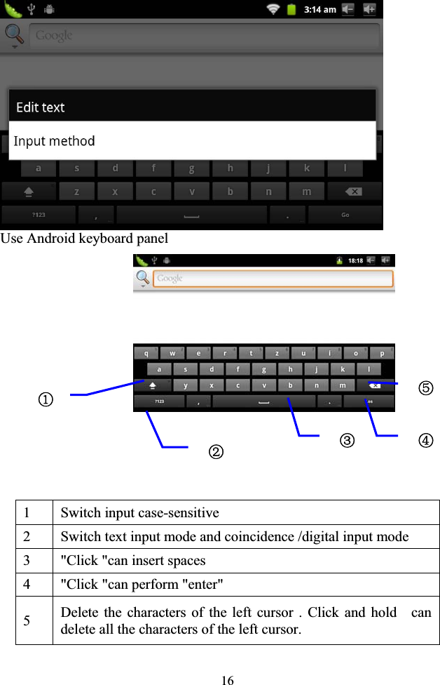 16Use Android keyboard panel 1  Switch input case-sensitive 2  Switch text input mode and coincidence /digital input mode 3  &quot;Click &quot;can insert spaces 4  &quot;Click &quot;can perform &quot;enter&quot; 5Delete the characters of the left cursor . Click and hold    can delete all the characters of the left cursor. ķĸĹĺĺĻ