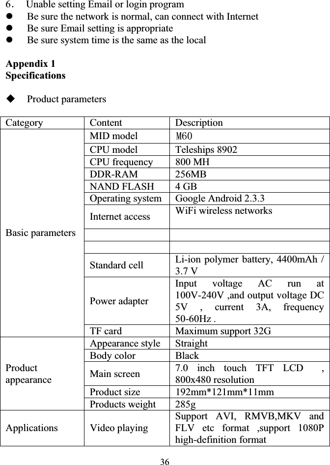 366ˊ  Unable setting Email or login program zBe sure the network is normal, can connect with Internet zBe sure Email setting is appropriate zBe sure system time is the same as the local Appendix 1 Specifications Product parameters Category Content  Description Basic parameters MID model 0CPU model  Teleships 8902   CPU frequency  800 MH DDR-RAM 256MB NAND FLASH  4 GB Operating system Google Android 2.3.3 Internet access  WiFi wireless networks Standard cell  Li-ion polymer battery, 4400mAh / 3.7 V Power adapter Input voltage AC run at 100V-240V ,and output voltage DC 5V , current 3A, frequency 50-60Hz . TF card  Maximum support 32G Product appearance Appearance style Straight Body color  Black Main screen  7.0 inch touch TFT LCD  ,  800x480 resolution Product size  192mm*121mm*11mm Products weight  285g Applications Video playing Support AVI, RMVB,MKV and  FLV etc format ,support 1080P high-definition format 