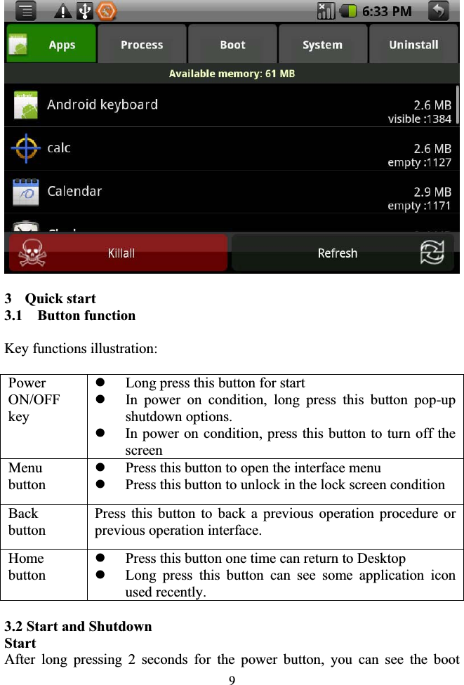 93  Quick start 3.1  Button function Key functions illustration:              PowerON/OFF key zLong press this button for start zIn power on condition, long press this button pop-up shutdown options. zIn power on condition, press this button to turn off the screenMenu button zPress this button to open the interface menu zPress this button to unlock in the lock screen condition Backbutton Press this button to back a previous operation procedure or previous operation interface. Home button zPress this button one time can return to Desktop   zLong press this button can see some application icon used recently. 3.2 Start and Shutdown StartAfter long pressing 2 seconds for the power button, you can see the boot 