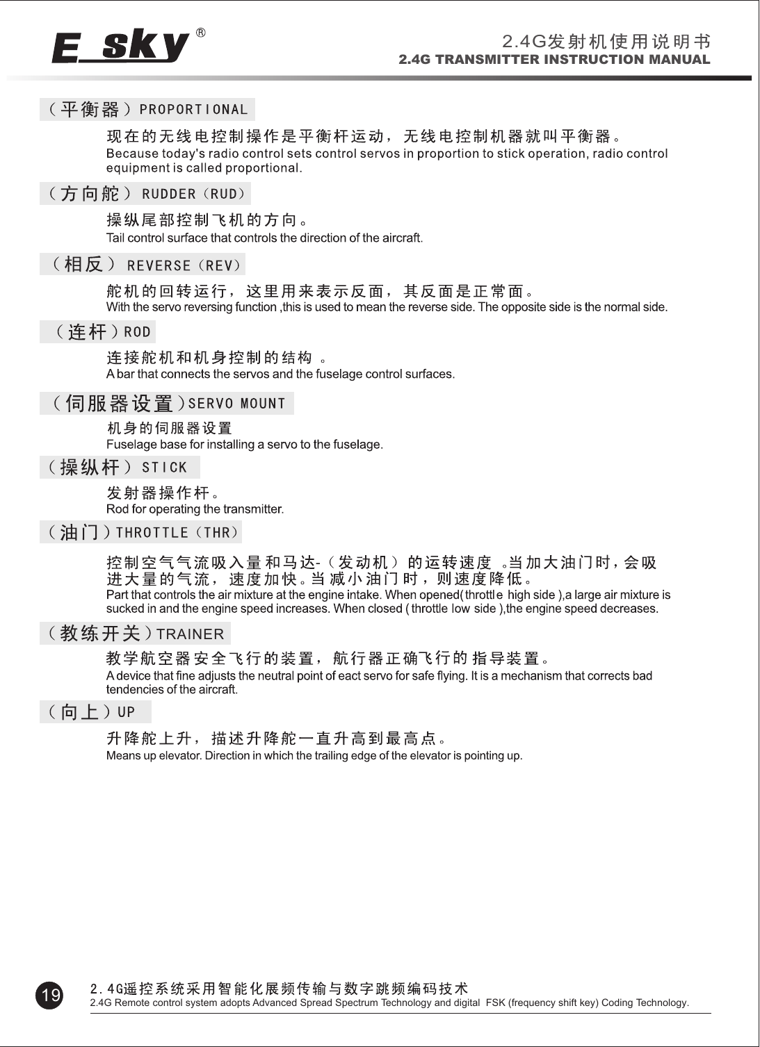 TRAINER2.4G2.4G TRANSMITTER INSTRUCTION MANUAL19 2.4G Remote control system adopts Advanced Spread Spectrum Technology and digital  FSK (frequency shift key) Coding Technology.