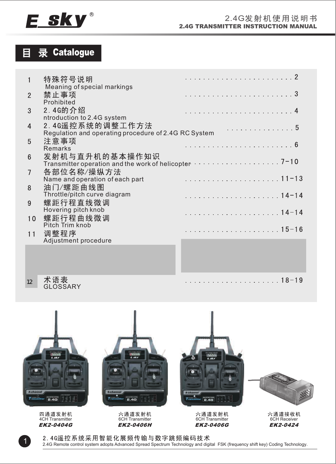 CatalogueEK2-0404G EK2-0406G4CH Transmitter 6CH Transmitter2.4G2.4G TRANSMITTER INSTRUCTION MANUAL12.4G Remote control system adopts Advanced Spread Spectrum Technology and digital  FSK (frequency shift key) Coding Technology. Meaning of special markingsProhibitedntroduction to 2.4G systemRegulation and operating procedure of 2.4G RC SystemRemarksTransmitter operation and the work of helicopterName and operation of each partThrottle/pitch curve diagramHovering pitch knobPitch Trim knobAdjustment procedureNi-cd/Ni-mh battery chargingNi-CD/Ni-MH battery charging precautionsGLOSSARYEK2-0406H6CH TransmitterEK2-04246CH Receiver12