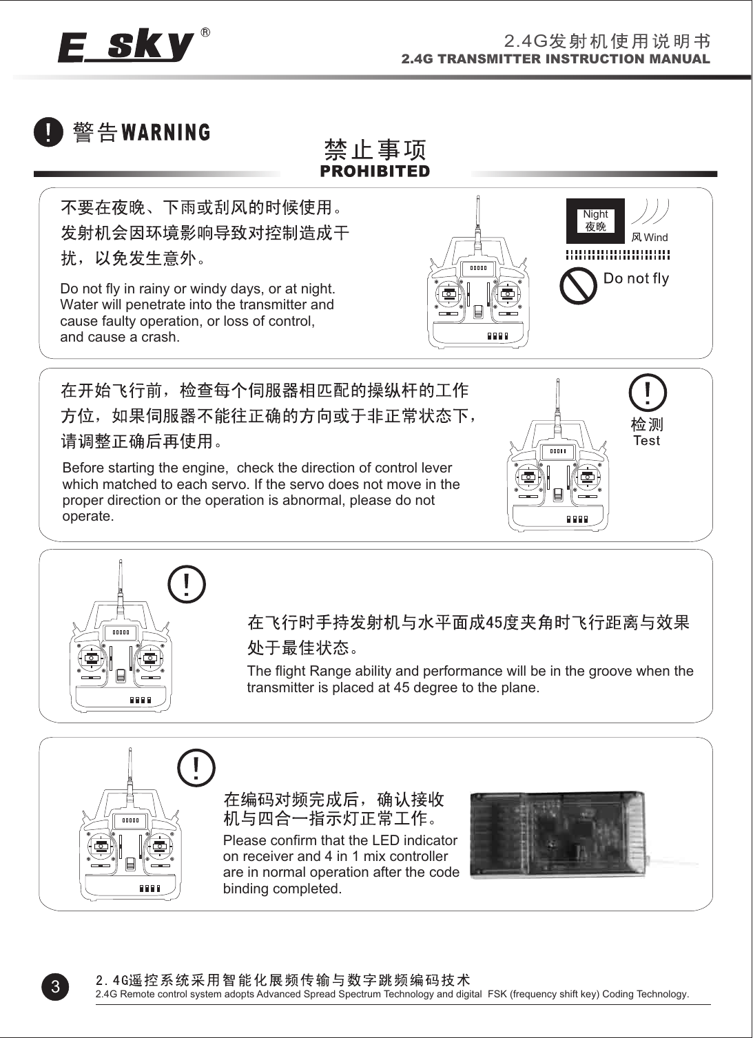 Do not fly in rainy or windy days, or at night. Water will penetrate into the transmitter and cause faulty operation, or loss of control, and cause a crash.Wind          NightBefore starting the engine,  check the direction of control leverwhich matched to each servo. If the servo does not move in theproper direction or the operation is abnormal, please do not operate.The flight Range ability and performance will be in the groove when the transmitter is placed at 45 degree to the plane. 2.4G2.4G TRANSMITTER INSTRUCTION MANUAL32.4G Remote control system adopts Advanced Spread Spectrum Technology and digital  FSK (frequency shift key) Coding Technology.Please confirm that the LED indicator on receiver and 4 in 1 mix controller are in normal operation after the code binding completed.