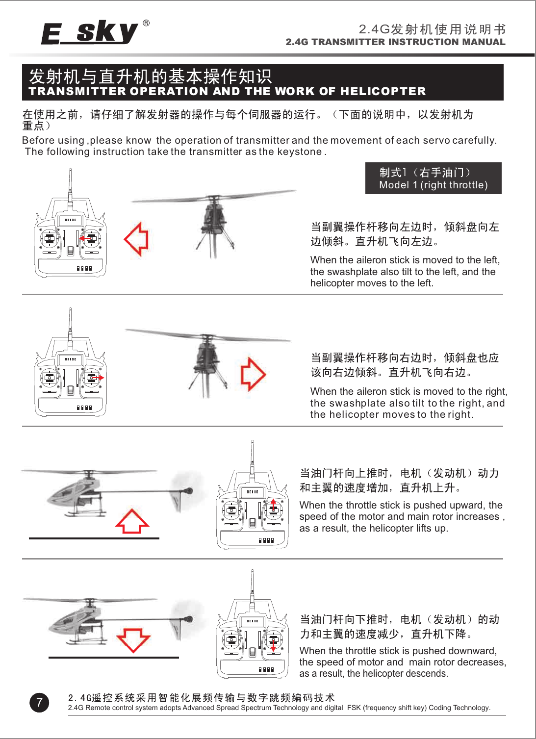 TRANSMITTER OPERATION AND THE WORK OF HELICOPTERBefore using ,please know  the operation of transmitter and the movement of each servo carefully. The following instruction take the transmitter as the keystone .1Model 1 (right throttle)When the aileron stick is moved to the left,the swashplate also tilt to the left, and the helicopter moves to the left.When the aileron stick is moved to the right,  the swashplate also tilt to the right, and  the helicopter moves to the right. When the throttle stick is pushed upward, the speed of the motor and main rotor increases , as a result, the helicopter lifts up.       When the throttle stick is pushed downward,the speed of motor and  main rotor decreases,  as a result, the helicopter descends.2.4G2.4G TRANSMITTER INSTRUCTION MANUAL72.4G Remote control system adopts Advanced Spread Spectrum Technology and digital  FSK (frequency shift key) Coding Technology.