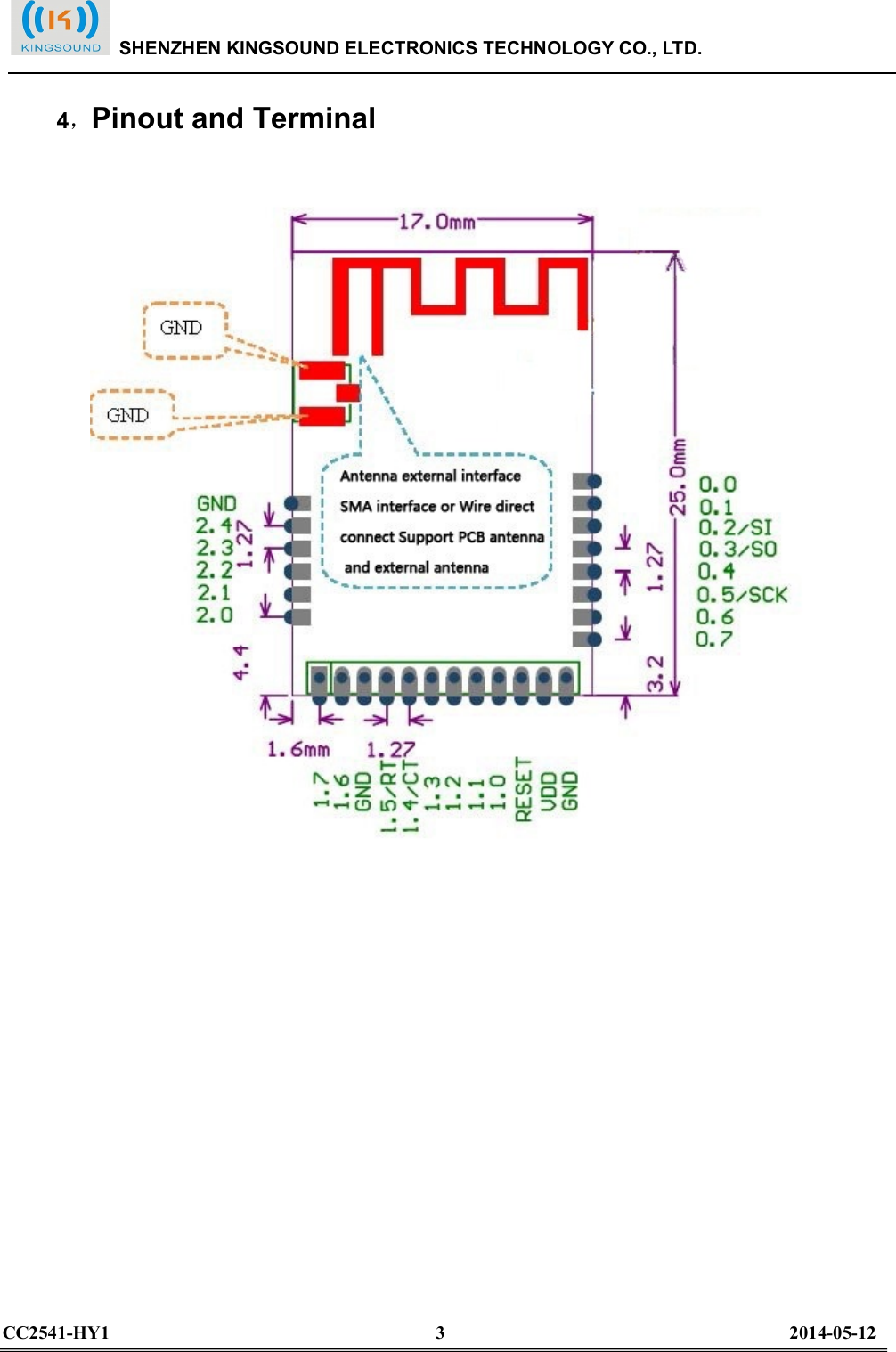  4，Pinout and Terminal                    SHENZHEN KINGSOUND ELECTRONICS TECHNOLOGY CO., LTD.  CC2541-HY1                                                                      3                                                                          2014-05-12  