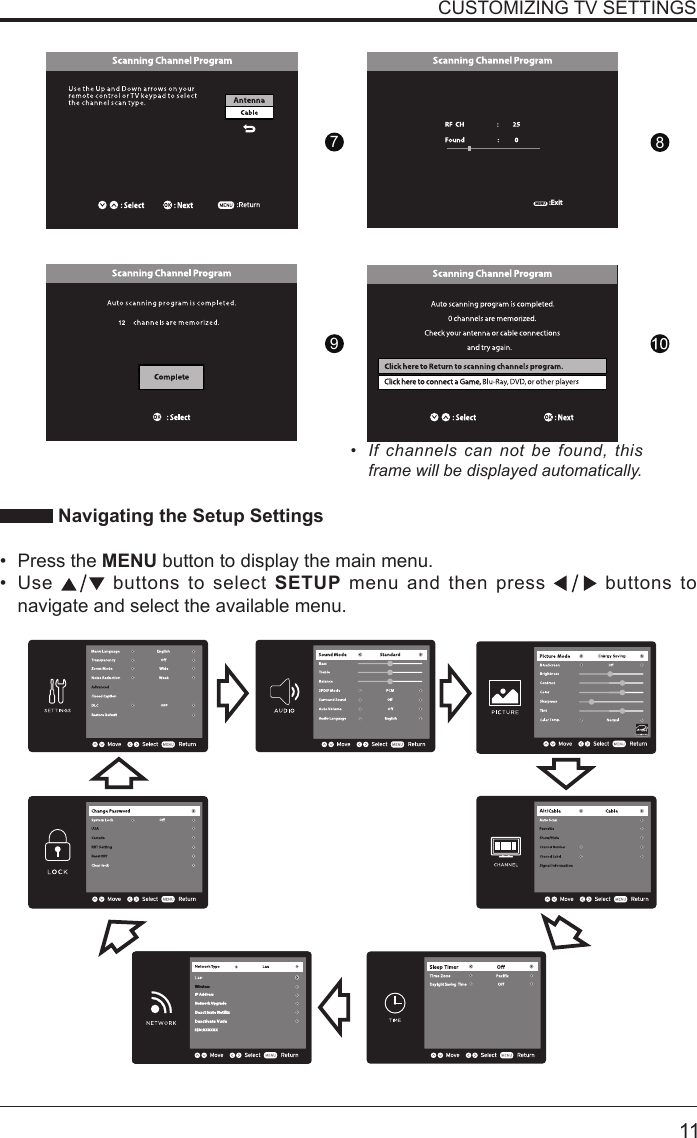      11CUSTOMIZING TV SETTINGS&bull;  If channels can not be found, this frame will be displayed automatically.  Navigating the Setup Settings&bull; Press the MENU button to display the main menu. &bull; Use   buttons to select SETUP menu and then press   buttons to navigate and select the available menu.:ExitMENU987