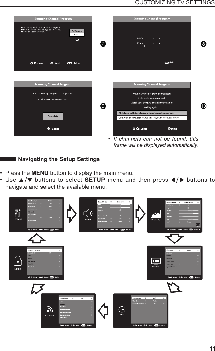       11CUSTOMIZING TV SETTINGS•  If channels can not be found, this frame will be displayed automatically.  Navigating the Setup Settings• Press the MENU button to display the main menu. • Use   buttons to select SETUP menu and then press   buttons to navigate and select the available menu.:ExitMENU987