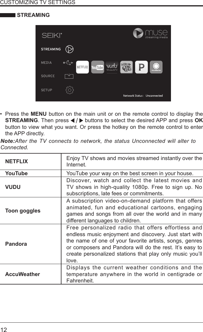       12 STREAMINGNETFLIX Enjoy TV shows and movies streamed instantly over the Internet.YouTube YouTube your way on the best screen in your house.VUDUDiscover, watch and collect the latest movies and TV shows in high-quality 1080p. Free to sign up. No subscriptions, late fees or commitments. Toon gogglesA subscription video-on-demand platform that offers animated, fun and educational cartoons, engaging games and songs from all over the world and in many different languages to children.PandoraFree personalized radio that offers effortless and endless music enjoyment and discovery. Just start with the name of one of your favorite artists, songs, genres or composers and Pandora will do the rest. It&rsquo;s easy to create personalized stations that play only music you&rsquo;ll love.AccuWeatherDisplays the current weather conditions and the temperature anywhere in the world in centigrade or Fahrenheit.CUSTOMIZING TV SETTINGS&bull; Press the MENU button on the main unit or on the remote control to display the STREAMING. Then press   buttons to select the desired APP and press OK button to view what you want. Or press the hotkey on the remote control to enter the APP directly.Note:After the TV connects to network, the status Unconnected will alter to Connected.