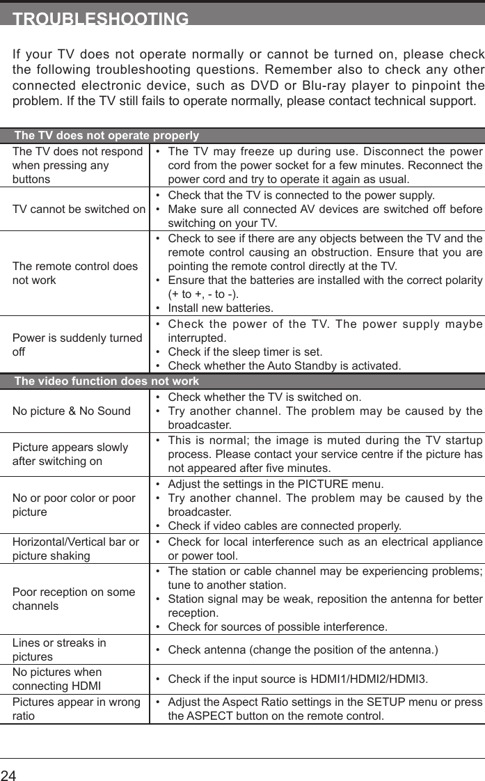       24TROUBLESHOOTINGIf your TV does not operate normally or cannot be turned on, please check the following troubleshooting questions. Remember also to check any other connected electronic device, such as DVD or Blu-ray player to pinpoint the problem. If the TV still fails to operate normally, please contact technical support.The TV does not operate properlyThe TV does not respond when pressing any buttons&bull; The TV may freeze up during use. Disconnect the power cord from the power socket for a few minutes. Reconnect the power cord and try to operate it again as usual.TV cannot be switched on&bull; Check that the TV is connected to the power supply.&bull; Make sure all connected AV devices are switched off before switching on your TV.The remote control does not work&bull; Check to see if there are any objects between the TV and the remote control causing an obstruction. Ensure that you are pointing the remote control directly at the TV.&bull; Ensure that the batteries are installed with the correct polarity (+ to +, - to -). &bull; Install new batteries. Power is suddenly turned off&bull; Check the power of the TV. The power supply maybe interrupted.&bull; Check if the sleep timer is set.&bull; Check whether the Auto Standby is activated. The video function does not workNo picture &amp; No Sound&bull; Check whether the TV is switched on.&bull; Try another channel. The problem may be caused by the broadcaster.Picture appears slowly after switching on&bull; This is normal; the image is muted during the TV startup process. Please contact your service centre if the picture has notappearedafterveminutes.No or poor color or poor picture&bull; Adjust the settings in the PICTURE menu.&bull; Try another channel. The problem may be caused by the broadcaster.&bull; Check if video cables are connected properly.Horizontal/Vertical bar or picture shaking&bull; Check for local interference such as an electrical appliance or power tool.Poor reception on some channels&bull; The station or cable channel may be experiencing problems; tune to another station.&bull; Station signal may be weak, reposition the antenna for better reception.&bull; Check for sources of possible interference.Lines or streaks in pictures &bull; Check antenna (change the position of the antenna.)No pictures when connecting HDMI &bull; Check if the input source is HDMI1/HDMI2/HDMI3.Pictures appear in wrong ratio&bull; Adjust the Aspect Ratio settings in the SETUP menu or press the ASPECT button on the remote control.
