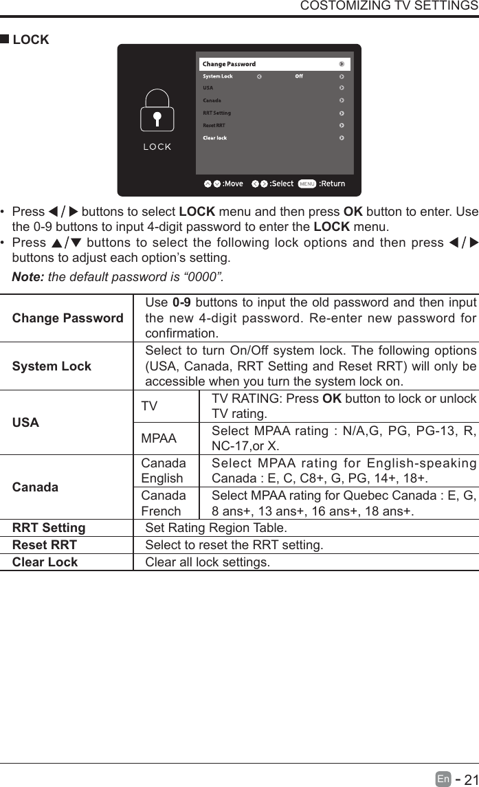       21En   -   &bull; Press   buttons to select LOCK menu and then press OK button to enter. Use the 0-9 buttons to input 4-digit password to enter the LOCK menu.&bull; Press   buttons to select the following lock options and then press buttons to adjust each option&rsquo;s setting. LOCKNote: the default password is &ldquo;0000&rdquo;. Change PasswordUse 0-9 buttons to input the old password and then input the new 4-digit password. Re-enter new password for conrmation.System LockSelect to turn On/Off system lock. The following options (USA, Canada, RRT Setting and Reset RRT) will only be accessible when you turn the system lock on.USATV TV RATING: Press OK button to lock or unlock TV rating.MPAA Select MPAA rating : N/A,G, PG, PG-13, R, NC-17,or X.CanadaCanada EnglishSelect MPAA rating for English-speaking Canada : E, C, C8+, G, PG, 14+, 18+.Canada FrenchSelect MPAA rating for Quebec Canada : E, G, 8 ans+, 13 ans+, 16 ans+, 18 ans+.RRT Setting Set Rating Region Table.Reset RRT Select to reset the RRT setting.Clear Lock Clear all lock settings. COSTOMIZING TV SETTINGS