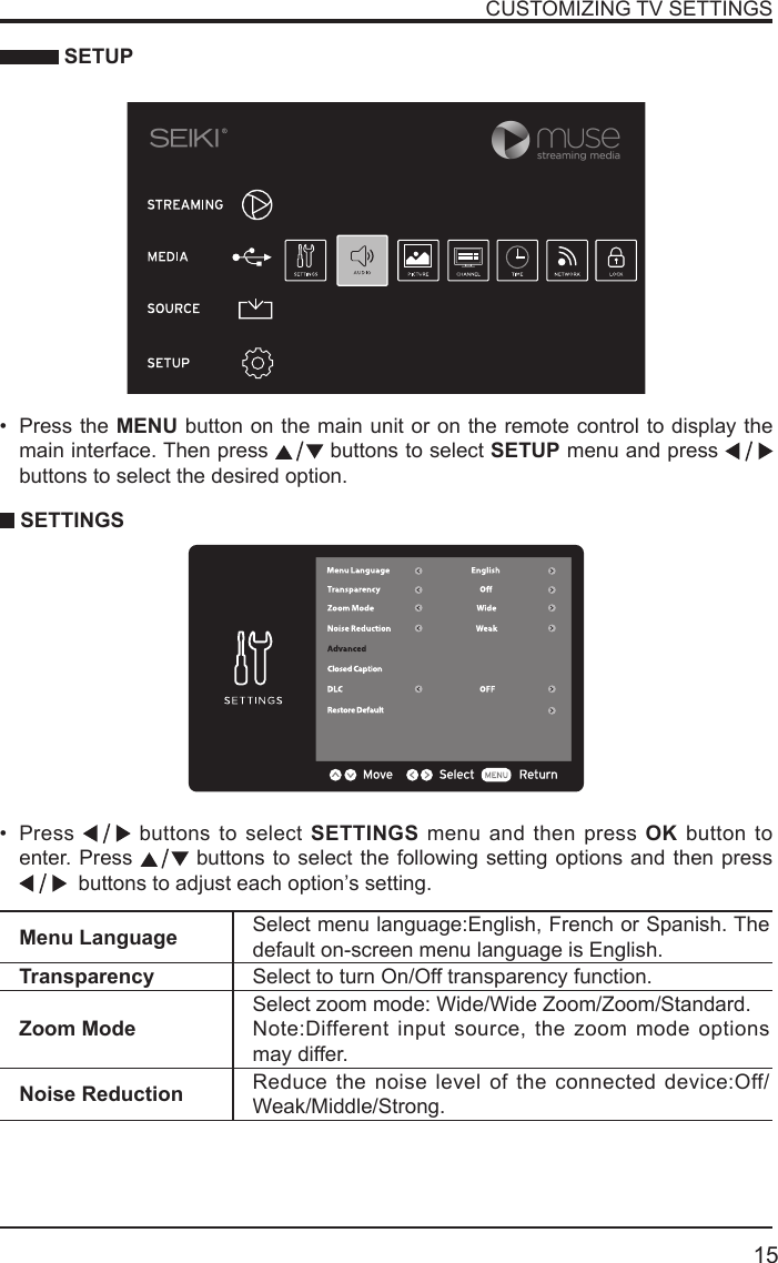       15 SETUPCUSTOMIZING TV SETTINGS&bull; Press the MENU button on the main unit or on the remote control to display the main interface. Then press   buttons to select SETUP menu and press    buttons to select the desired option.  SETTINGS&bull; Press   buttons to select SETTINGS menu and then press OK button to enter. Press   buttons to select the following setting options and then press   buttons to adjust each option&rsquo;s setting. Menu Language Select menu language:English, French or Spanish. The default on-screen menu language is English.Transparency Select to turn On/Off transparency function.Zoom ModeSelect zoom mode: Wide/Wide Zoom/Zoom/Standard.Note:Different input source, the zoom mode options may differ.Noise Reduction Reduce the noise level of the connected device:Off/Weak/Middle/Strong.