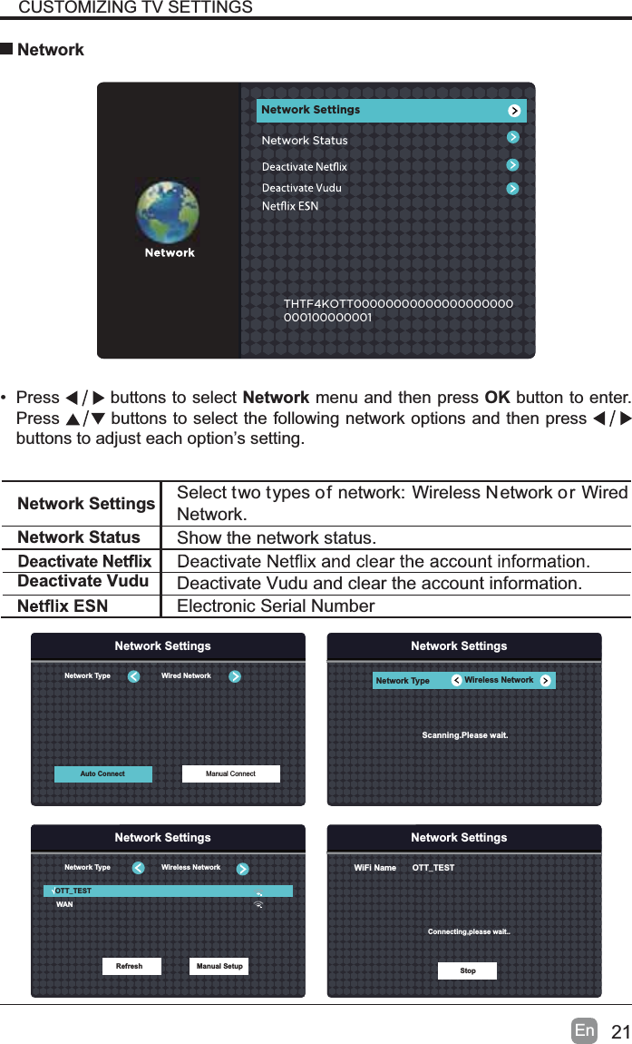 21En&bull; Press  buttons to select Network menu and then press OK button to enter. Press  buttons to select the following network options and then press buttons to adjust each option&rsquo;s setting.   NetworkCUSTOMIZING TV SETTINGSTHTF4KOTT00000000000000000000000100000001Network SettingsNetwork StatusNetwork Settings Select two types of network: Wireless Network or WiredNetwork.Network Status Show the network status.Electronic Serial NumberDeactivate Vudu Deactivate Vudu and clear the account information.Network SettingsNetwork Type Wireless NetworkScanning.Please wait.Network SettingsWiFi Name       OTT_TESTConnecting,please wait..StopNetwork SettingsRefresh Manual SetupNetwork Type                          Wireless NetworkWANOTT_TESTNetwork SettingsAuto Connect Manual ConnectNetwork Type                          Wired Network
