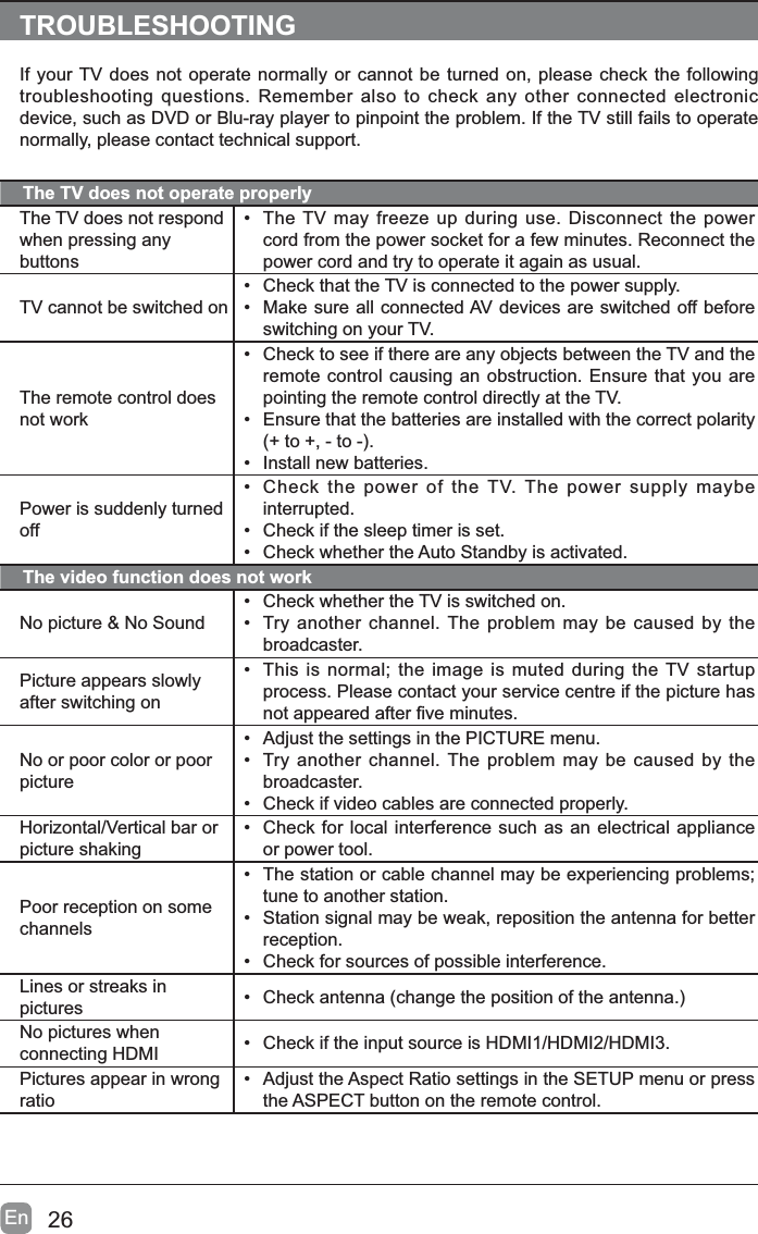 26EnTROUBLESHOOTINGIf your TV does not operate normally or cannot be turned on, please check the following troubleshooting questions. Remember also to check any other connected electronic device, such as DVD or Blu-ray player to pinpoint the problem. If the TV still fails to operate normally, please contact technical support.The TV does not operate properlyThe TV does not respond when pressing any buttons&bull; The TV may freeze up during use. Disconnect the power cord from the power socket for a few minutes. Reconnect the power cord and try to operate it again as usual.TV cannot be switched on&bull; Check that the TV is connected to the power supply.&bull; Make sure all connected AV devices are switched off before switching on your TV.The remote control does not work&bull; Check to see if there are any objects between the TV and the remote control causing an obstruction. Ensure that you are pointing the remote control directly at the TV.&bull; Ensure that the batteries are installed with the correct polarity WRWR&bull; Install new batteries. Power is suddenly turned off&bull; Check the power of the TV. The power supply maybe interrupted.&bull; Check if the sleep timer is set.&bull; Check whether the Auto Standby is activated. The video function does not workNo picture &amp; No Sound&bull; Check whether the TV is switched on.&bull; Try another channel. The problem may be caused by the broadcaster.Picture appears slowly after switching on&bull; This is normal; the image is muted during the TV startup process. Please contact your service centre if the picture has QRWDSSHDUHGDIWHU&iquest;YHPLQXWHVNo or poor color or poor picture&bull; Adjust the settings in the PICTURE menu.&bull; Try another channel. The problem may be caused by the broadcaster.&bull; Check if video cables are connected properly.Horizontal/Vertical bar or picture shaking&bull; Check for local interference such as an electrical appliance or power tool.Poor reception on some channels&bull; The station or cable channel may be experiencing problems; tune to another station.&bull; Station signal may be weak, reposition the antenna for better reception.&bull; Check for sources of possible interference.Lines or streaks in pictures &bull;&amp;KHFNDQWHQQDFKDQJHWKHSRVLWLRQRIWKHDQWHQQDNo pictures when connecting HDMI &bull; Check if the input source is HDMI1/HDMI2/HDMI3.Pictures appear in wrong ratio&bull; Adjust the Aspect Ratio settings in the SETUP menu or press the ASPECT button on the remote control.