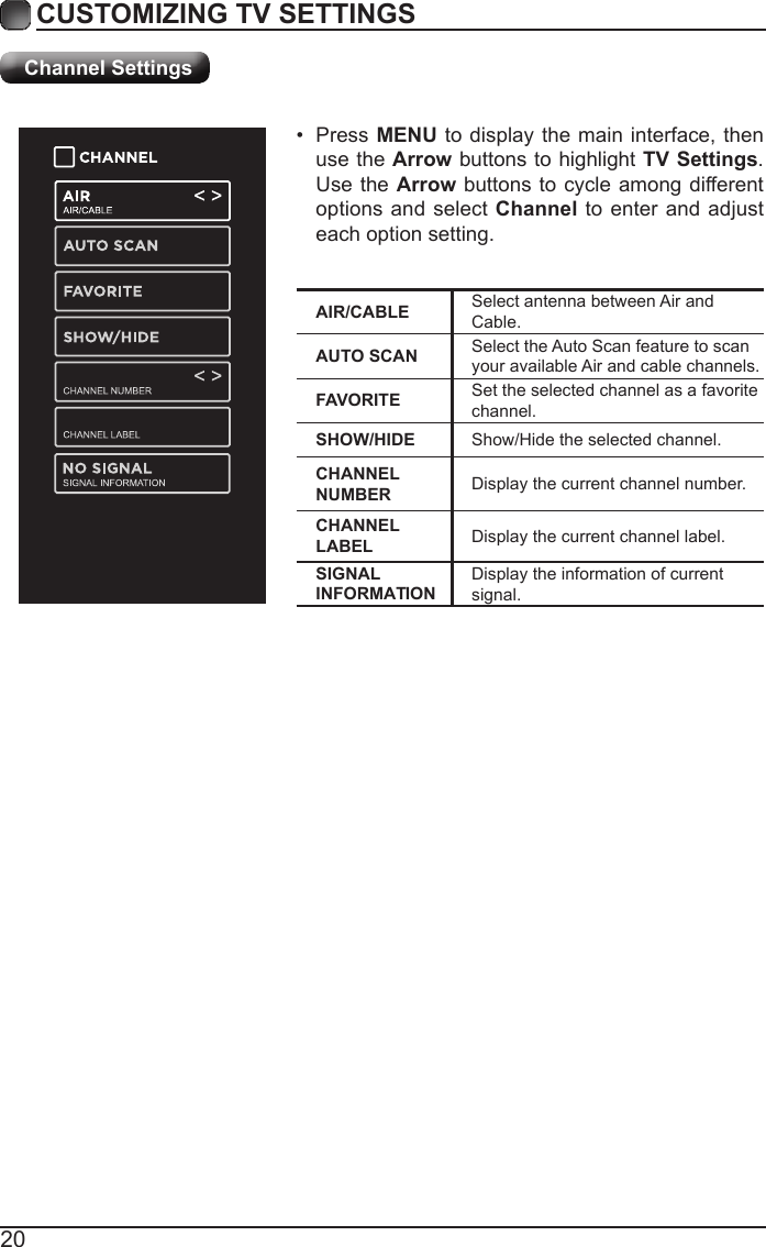 20CUSTOMIZING TV SETTINGSChannel SettingsAIR/CABLE Select antenna between Air and Cable.AUTO SCAN Select the Auto Scan feature to scan your available Air and cable channels.FAVORITE Set the selected channel as a favorite channel.SHOW/HIDE Show/Hide the selected channel.CHANNEL NUMBER Display the current channel number.CHANNEL LABEL Display the current channel label.&bull; Press MENU to display the main interface, then use the Arrow buttons to highlight TV Settings. Use the Arrow buttons to cycle among different options and select Channel to enter and adjust each option setting.SIGNAL INFORMATIONDisplay the information of current signal.