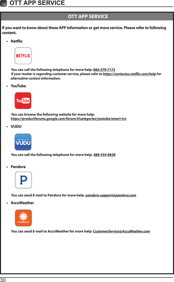 30OTT APP SERVICE If you want to know about these APP information or get more service. Please refer to following content.• Netix          You can call the following telephone for more help: 866-579-7172         If your matter is regarding customer service, please refer to https://contactus.netix.com/help for               alternative contact information.• YouTube          You can browse the following website for more help:         https://productforums.google.com/forum/#!categories/youtube/smart-tvs• VUDU          You can call the following telephone for more help: 888-554-8838• Pandora          You can send E-mail to Pandora for more help: pandora-support@pandora.com• AccuWeather          You can send E-mail to AccuWeather for more help: CustomerService@AccuWeather.com  OTT APP SERVICE