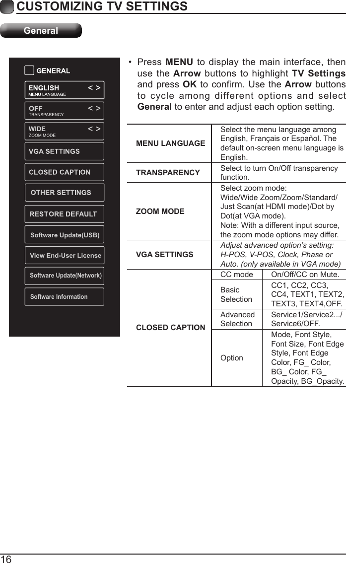 16CUSTOMIZING TV SETTINGSGeneral&bull; Press MENU to display the main interface, then use the Arrow buttons to highlight TV Settings and press OKtoconrm.Usethe Arrow buttons to cycle among different options and select General to enter and adjust each option setting.  MENU LANGUAGESelect the menu language among English, Fran&ccedil;ais or Espa&ntilde;ol. The default on-screen menu language is English.TRANSPARENCY Select to turn On/Off transparency function.ZOOM MODESelect zoom mode:Wide/Wide Zoom/Zoom/Standard/JustScan(atHDMImode)/DotbyDot(atVGAmode).Note: With a different input source,the zoom mode options may differ.VGA SETTINGSAdjustadvancedoption&rsquo;ssetting:H-POS,V-POS,Clock,PhaseorAuto.(onlyavailableinVGAmode)CLOSED CAPTIONCC mode On/Off/CC on Mute.Basic SelectionCC1, CC2, CC3, CC4, TEXT1, TEXT2, TEXT3, TEXT4,OFF.Advanced SelectionService1/Service2.../Service6/OFF.OptionMode, Font Style, Font Size, Font Edge Style, Font Edge Color, FG_ Color, BG_ Color, FG_Opacity, BG_Opacity.WIDESoftwareUpdate(USB)View End-User LicenseSoftware Update(Network)Software Information
