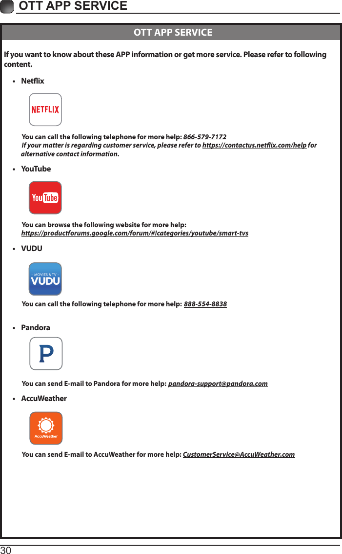 30OTT APP SERVICE If you want to know about these APP information or get more service. Please refer to following content.&bull; Netix          You can call the following telephone for more help: 866-579-7172         If your matter is regarding customer service, please refer to https://contactus.netix.com/help for               alternative contact information.&bull; YouTube          You can browse the following website for more help:         https://productforums.google.com/forum/#!categories/youtube/smart-tvs&bull; VUDU          You can call the following telephone for more help: 888-554-8838&bull; Pandora          You can send E-mail to Pandora for more help: pandora-support@pandora.com&bull; AccuWeather          You can send E-mail to AccuWeather for more help: CustomerService@AccuWeather.com  OTT APP SERVICE