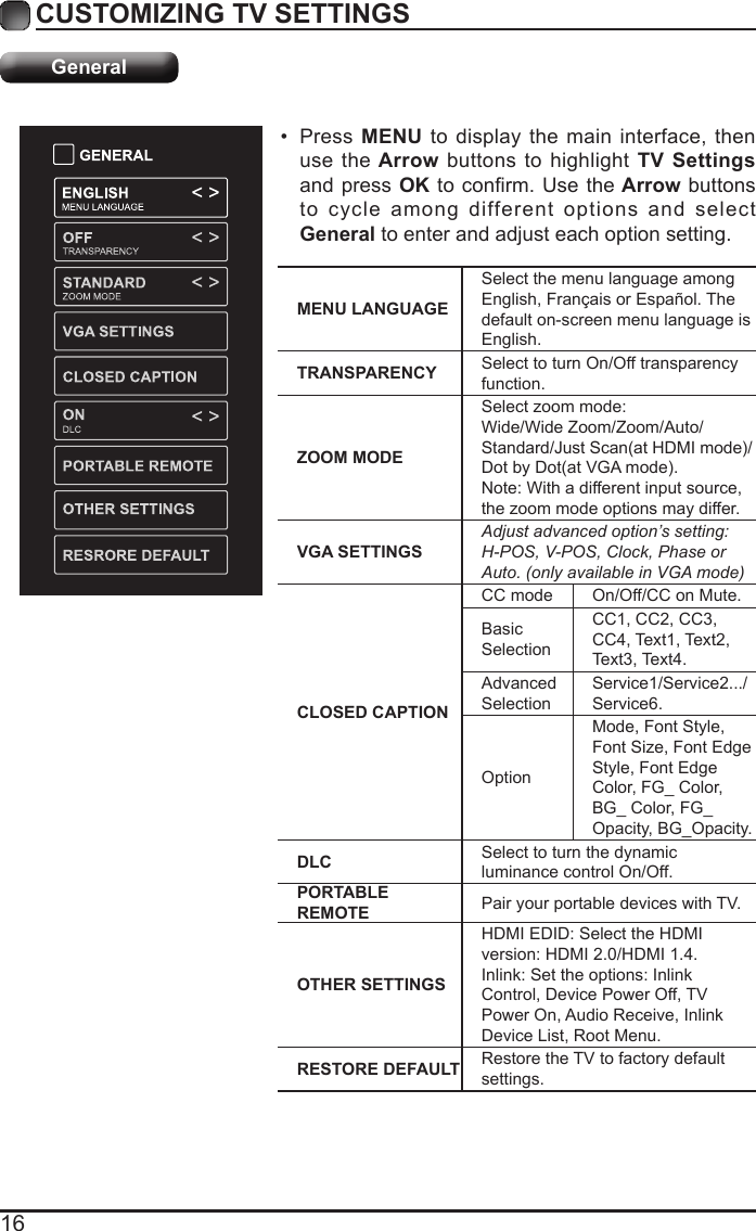 16CUSTOMIZING TV SETTINGSGeneral&bull; Press MENU to display the main interface, then use the Arrow buttons to highlight TV Settings and press OKtoconrm.Usethe Arrow buttons to cycle among different options and select General to enter and adjust each option setting.  MENU LANGUAGESelect the menu language among English, Fran&ccedil;ais or Espa&ntilde;ol. The default on-screen menu language is English.TRANSPARENCY Select to turn On/Off transparency function.ZOOM MODESelect zoom mode:Wide/Wide Zoom/Zoom/Auto/ Standard/JustScan(atHDMImode)/DotbyDot(atVGAmode).Note: With a different input source,the zoom mode options may differ.VGA SETTINGSAdjustadvancedoption&rsquo;ssetting:H-POS,V-POS,Clock,PhaseorAuto.(onlyavailableinVGAmode)CLOSED CAPTIONCC mode On/Off/CC on Mute.Basic SelectionCC1, CC2, CC3, CC4, Text1, Text2, Text3, Text4.Advanced SelectionService1/Service2.../Service6.OptionMode, Font Style, Font Size, Font Edge Style, Font Edge Color, FG_ Color, BG_ Color, FG_Opacity, BG_Opacity.DLC Select to turn the dynamic luminance control On/Off.PORTABLE REMOTE Pair your portable devices with TV.OTHER SETTINGSHDMI EDID: Select the HDMI version: HDMI 2.0/HDMI 1.4.Inlink: Set the options: Inlink Control, Device Power Off, TV Power On, Audio Receive, Inlink Device List, Root Menu.RESTORE DEFAULT Restore the TV to factory default settings.