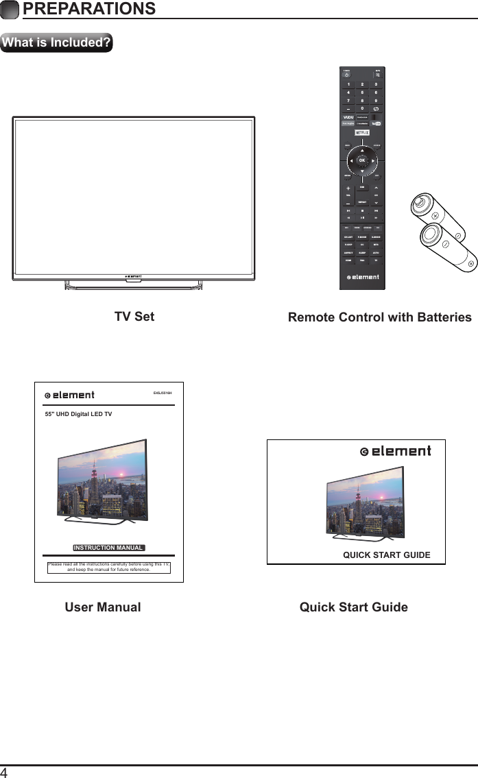 4What is Included?PREPARATIONS TV Set Remote Control with BatteriesOKMENU SOURCERETURN EXITVOLUSBREPEATCHCH.LISINFO FREEZE ADD/ERASE FAVT P.MODE S.MODEV-CHIP CC  MTSASPECTHDMI VGA TVSLEEP AUTO1 4 7 2 5 8 0 3 6 9 User Manual Quick Start GuideE4SJ5516HINSTRUCTION MANUALPlease read all the instructions carefully before using this TV,and keep the manual for future reference.55" UHD Digital LED TVQUICK START GUIDE