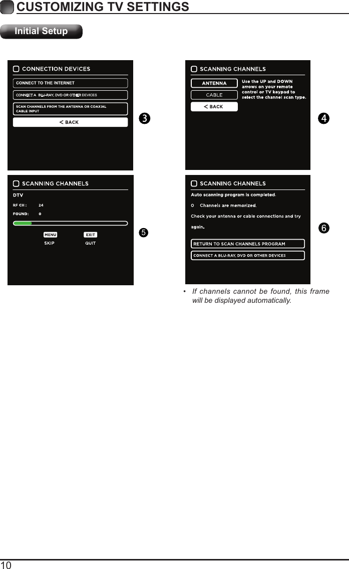 10CUSTOMIZING TV SETTINGSInitial Setup&bull;  If channels cannot be found, this frame will be displayed automatically.5