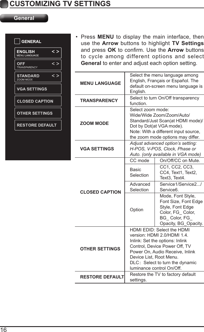 16CUSTOMIZING TV SETTINGSGeneral&bull;  Press MENU to display the main interface, then use the Arrow buttons to highlight TV Settings and press OK to conrm. Use the Arrow buttons to cycle among different options and select General to enter and adjust each option setting.  MENU LANGUAGESelect the menu language among English, Fran&ccedil;ais or Espa&ntilde;ol. The default on-screen menu language is English.TRANSPARENCY Select to turn On/Off transparency function.ZOOM MODESelect zoom mode:Wide/Wide Zoom/Zoom/Auto/ Standard/Just Scan(at HDMI mode)/Dot by Dot(at VGA mode).Note: With a different input source,the zoom mode options may differ.VGA SETTINGSAdjust advanced option&rsquo;s setting: H-POS, V-POS, Clock, Phase or Auto. (only available in VGA mode)CLOSED CAPTIONCC mode On/Off/CC on Mute.Basic SelectionCC1, CC2, CC3, CC4, Text1, Text2, Text3, Text4.Advanced SelectionService1/Service2.../Service6.OptionMode, Font Style, Font Size, Font Edge Style, Font Edge Color, FG_ Color, BG_ Color, FG_Opacity, BG_Opacity.OTHER SETTINGSHDMI EDID: Select the HDMI version: HDMI 2.0/HDMI 1.4.Inlink: Set the options: Inlink Control, Device Power Off, TV Power On, Audio Receive, Inlink Device List, Root Menu.DLC：Select to turn the dynamic luminance control On/Off.RESTORE DEFAULT Restore the TV to factory default settings.