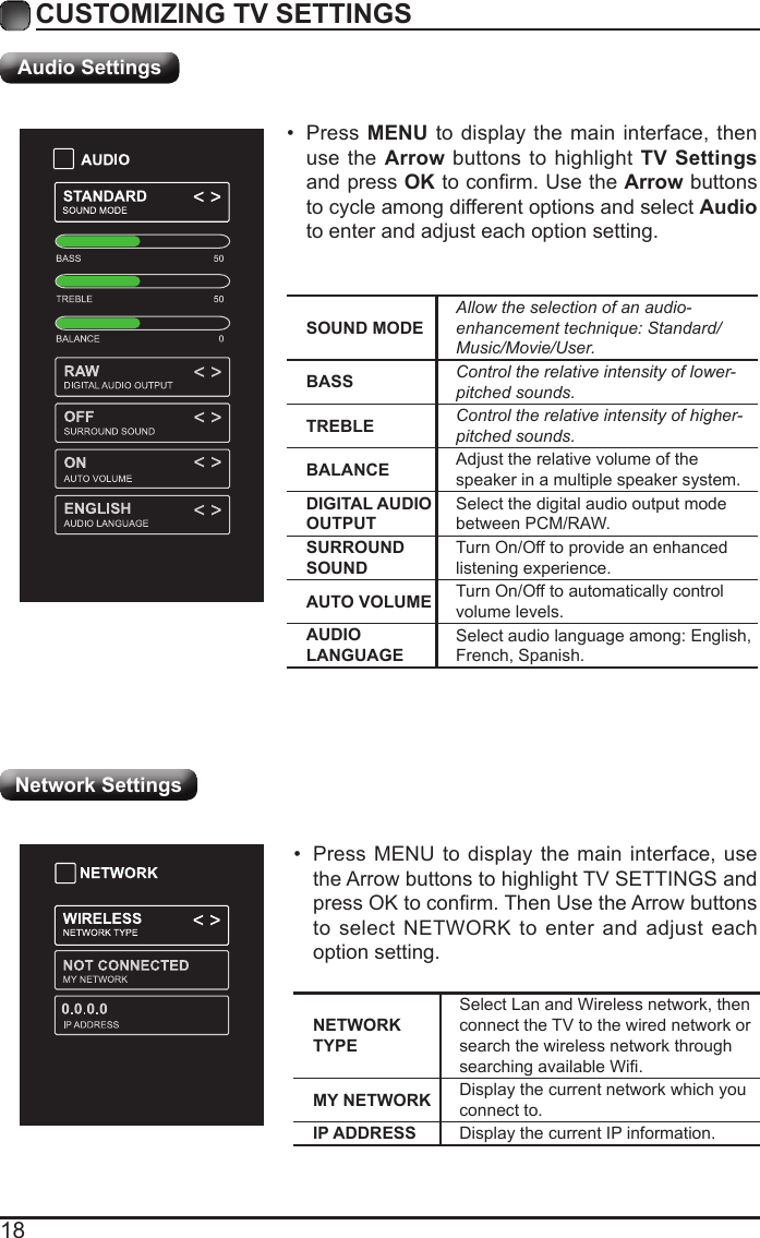 18CUSTOMIZING TV SETTINGSAudio SettingsSOUND MODEAllow the selection of an audio-enhancement technique: Standard/Music/Movie/User.BASS Control the relative intensity of lower-pitched sounds.TREBLE Control the relative intensity of higher-pitched sounds.BALANCE Adjust the relative volume of the speaker in a multiple speaker system.DIGITAL AUDIO OUTPUTSelect the digital audio output mode between PCM/RAW.SURROUND SOUNDTurn On/Off to provide an enhanced listening experience.AUTO VOLUME Turn On/Off to automatically control volume levels.AUDIO LANGUAGESelect audio language among: English, French, Spanish.&bull;  Press MENU to display the main interface, then use the Arrow buttons to highlight TV Settings and press OK to conrm. Use the Arrow buttons to cycle among different options and select Audio to enter and adjust each option setting.NETWORK TYPESelect Lan and Wireless network, then connect the TV to the wired network or search the wireless network through searching available Wi.MY NETWORK Display the current network which you connect to.IP ADDRESS Display the current IP information.&bull;  Press MENU to display the main interface, use the Arrow buttons to highlight TV SETTINGS and press OK to conrm. Then Use the Arrow buttons to select NETWORK to enter and adjust each option setting.Network Settings