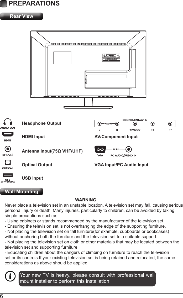 6PREPARATIONS Rear ViewYour new TV is heavy, please consult with professional wall mount installer to perform this installation.                                                           WARNING Never place a television set in an unstable location. A television set may fall, causing serious personal injury or death. Many injuries, particularly to children, can be avoided by taking simple precautions such as:- Using cabinets or stands recommended by the manufacturer of the television set.- Ensuring the television set is not overhanging the edge of the supporting furniture.- Not placing the television set on tall furniture(for example, cupboards or bookcases) without anchoring both the furniture and the television set to a suitable support.- Not placing the television set on cloth or other materials that may be located between the television set and supporting furniture.- Educating children about the dangers of climbing on furniture to reach the television set or its controls.If your existing television set is being retained and relocated, the same considerations as above should be applied.Wall MountingHeadphone OutputHDMI InputAntenna Input(75&Omega; VHF/UHF)Optical OutputUSB InputVGA Input/PC Audio InputAV/Component Input