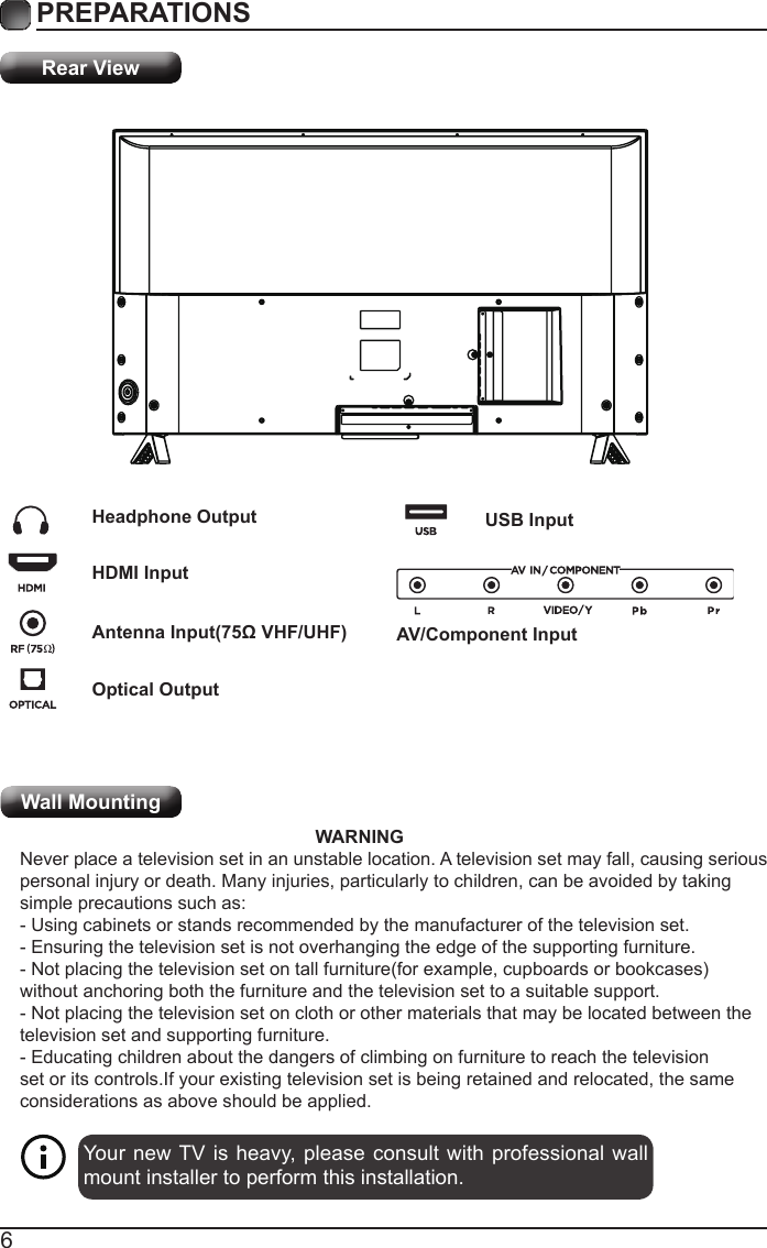 6PREPARATIONS Rear ViewYour new TV is heavy, please consult with professional wall mount installer to perform this installation.                                                           WARNING Never place a television set in an unstable location. A television set may fall, causing serious personal injury or death. Many injuries, particularly to children, can be avoided by taking simple precautions such as:- Using cabinets or stands recommended by the manufacturer of the television set.- Ensuring the television set is not overhanging the edge of the supporting furniture.- Not placing the television set on tall furniture(for example, cupboards or bookcases) without anchoring both the furniture and the television set to a suitable support.- Not placing the television set on cloth or other materials that may be located between the television set and supporting furniture.- Educating children about the dangers of climbing on furniture to reach the television set or its controls.If your existing television set is being retained and relocated, the same considerations as above should be applied.Wall MountingHeadphone OutputHDMI InputAntenna Input(75&Omega; VHF/UHF)Optical OutputUSB InputAV/Component Input