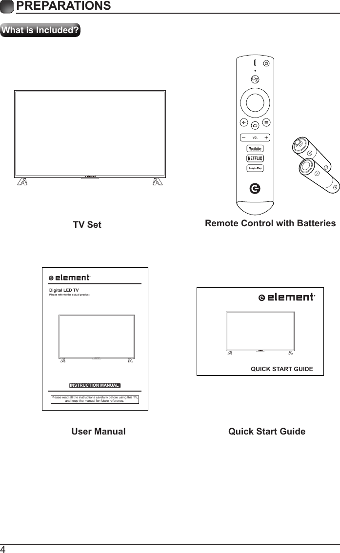 4What is Included?PREPARATIONS TV Set Remote Control with BatteriesUser Manual Quick Start GuideINSTRUCTION MANUALPlease read all the instructions carefully before using this TV,and keep the manual for future reference.Digital LED TVPlease refer to the actual productQUICK START GUIDE