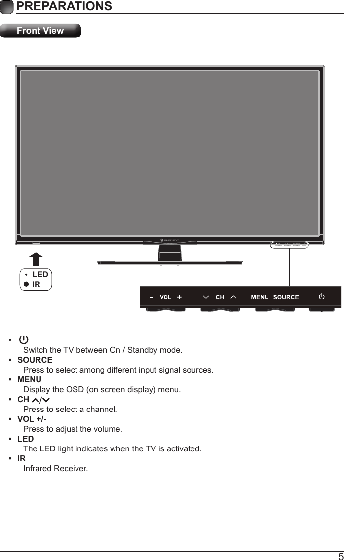 5PREPARATIONS Front View&bull;Switch the TV between On / Standby mode.&bull;  SOURCEPress to select among different input signal sources.&bull;  MENUDisplaytheOSD(onscreendisplay)menu.&bull;  CH Press to select a channel.&bull;  VOL +/-Press to adjust the volume.&bull;  LEDThe LED light indicates when the TV is activated.&bull;  IRInfrared Receiver.LEDIR