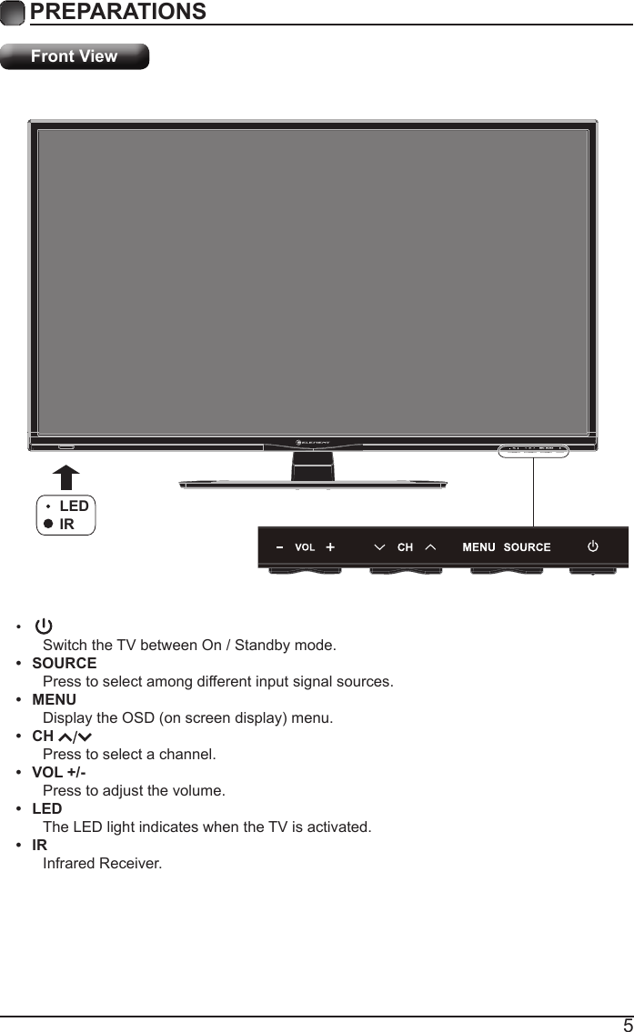 5PREPARATIONS Front View•Switch the TV between On / Standby mode.•  SOURCEPress to select among different input signal sources.•  MENUDisplaytheOSD(onscreendisplay)menu.•  CH Press to select a channel.•  VOL +/-Press to adjust the volume.•  LEDThe LED light indicates when the TV is activated.•  IRInfrared Receiver.LEDIR