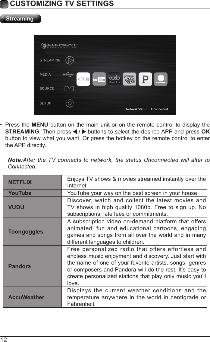 12CUSTOMIZING TV SETTINGSStreaming&bull; Press the MENU button on the main unit or on the remote control to display the STREAMING. Then press   buttons to select the desired APP and press OK button to view what you want. Or press the hotkey on the remote control to enter the APP directly.Note:After the TV connects to network, the status Unconnected will alter to Connected.NETFLIX Enjoys TV shows &amp; movies streamed instantly over the Internet.YouTube YouTube your way on the best screen in your house.VUDUDiscover, watch and collect the latest movies and TV shows in high quality 1080p. Free to sign up. No subscriptions, late fees or commitments. ToongogglesA subscription video on-demand platform that offers animated, fun and educational cartoons, engaging games and songs from all over the world and in many different languages to children.PandoraFree personalized radio that offers effortless and endless music enjoyment and discovery. Just start with the name of one of your favorite artists, songs, genres or composers and Pandora will do the rest. It&rsquo;s easy to create personalized stations that play only music you&rsquo;ll love.AccuWeatherDisplays the current weather conditions and the temperature anywhere in the world in centigrade or Fahrenheit.