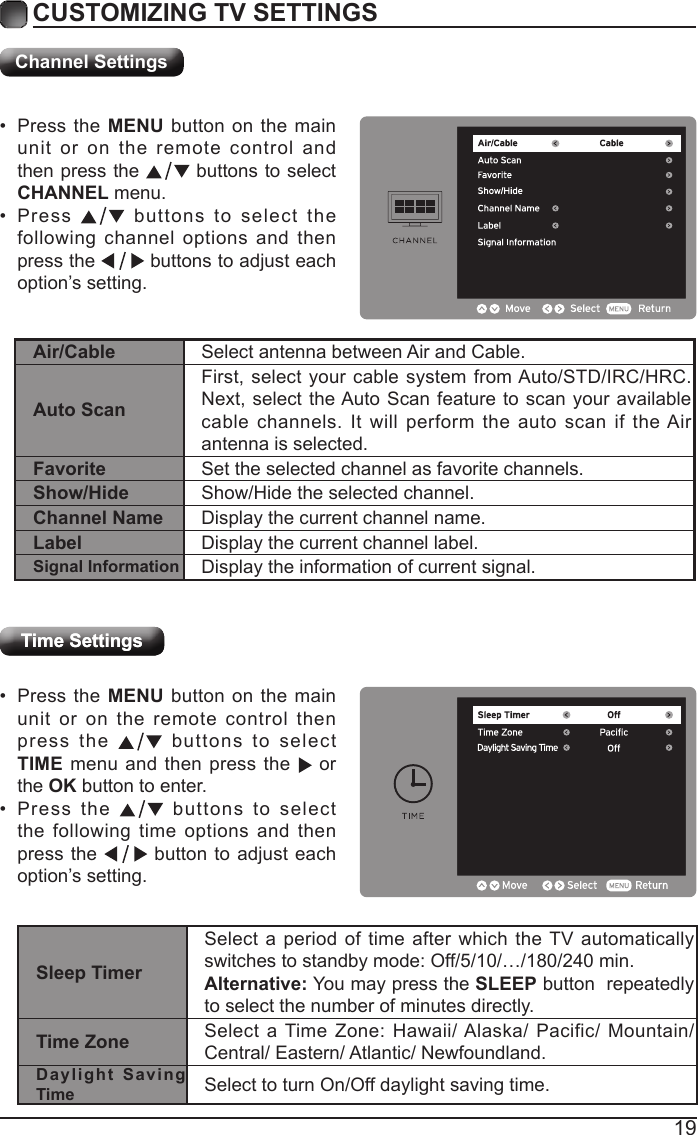 19CUSTOMIZING TV SETTINGSChannel SettingsTime SettingsTime Settings&bull; Press the MENU button on the main unit or on the remote control then press the   buttons to select  TIME menu and then press the    or the OK button to enter.&bull; Press the   buttons to select the following time options and then press the   button to adjust each option&rsquo;s setting.&bull; Press the MENU button on the main unit or on the remote control and then press the   buttons to select CHANNEL menu.&bull; Press   buttons to select the following channel options and then press the   buttons to adjust each option&rsquo;s setting.Air/Cable Select antenna between Air and Cable. Auto ScanFirst, select your cable system from Auto/STD/IRC/HRC. Next, select the Auto Scan feature to scan your available cable channels. It will perform the auto scan if the Air antenna is selected.Favorite Set the selected channel as favorite channels.Show/Hide Show/Hide the selected channel.Channel Name Display the current channel name.Label Display the current channel label.Signal Information Display the information of current signal.Sleep TimerSelect a period of time after which the TV automatically switches to standby mode: Off/5/10/&hellip;/180/240 min.Alternative: You may press the SLEEP button  repeatedly to select the number of minutes directly. Time Zone Select a Time Zone: Hawaii/ Alaska/ Pacific/ Mountain/ Central/ Eastern/ Atlantic/ Newfoundland.Daylight Saving Time Select to turn On/Off daylight saving time.