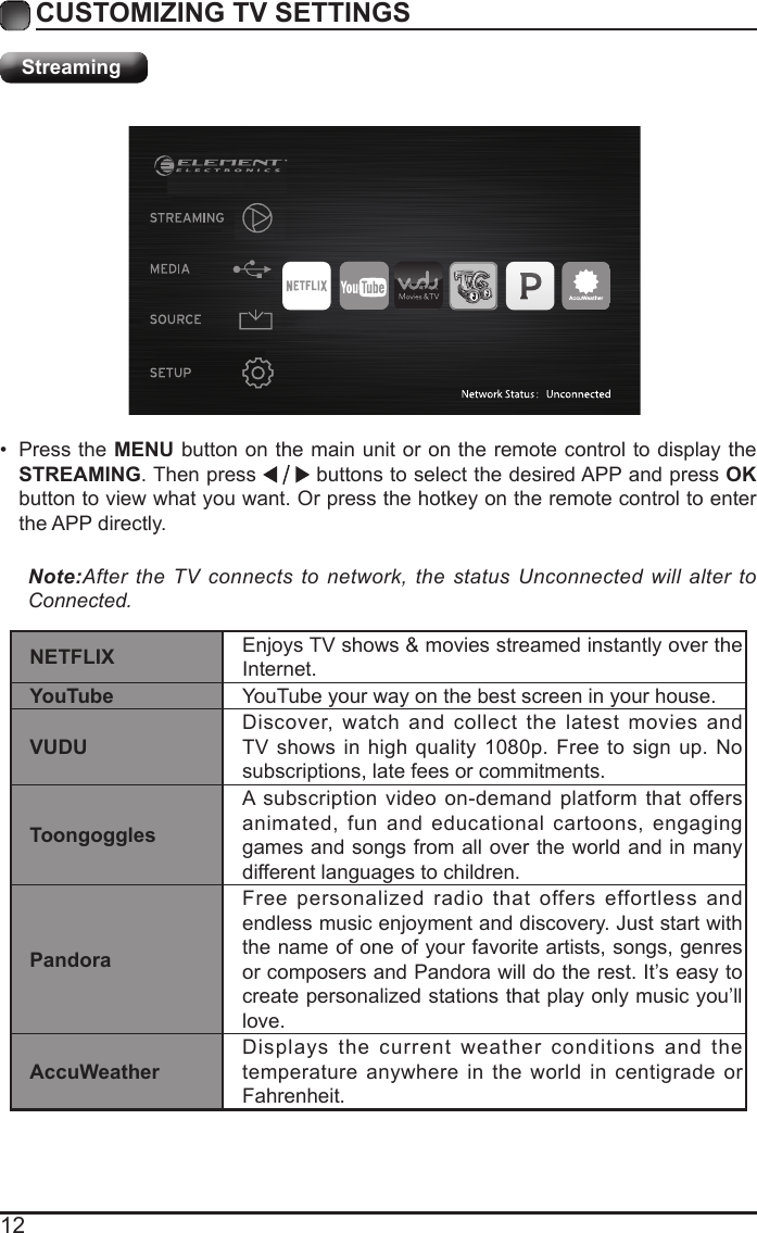 12CUSTOMIZING TV SETTINGSStreaming&bull; Press the MENU button on the main unit or on the remote control to display the STREAMING. Then press   buttons to select the desired APP and press OK button to view what you want. Or press the hotkey on the remote control to enter the APP directly.Note:After the TV connects to network, the status Unconnected will alter to Connected.NETFLIX Enjoys TV shows &amp; movies streamed instantly over the Internet.YouTube YouTube your way on the best screen in your house.VUDUDiscover, watch and collect the latest movies and TV shows in high quality 1080p. Free to sign up. No subscriptions, late fees or commitments. ToongogglesA subscription video on-demand platform that offers animated, fun and educational cartoons, engaging games and songs from all over the world and in many different languages to children.PandoraFree personalized radio that offers effortless and endless music enjoyment and discovery. Just start with the name of one of your favorite artists, songs, genres or composers and Pandora will do the rest. It&rsquo;s easy to create personalized stations that play only music you&rsquo;ll love.AccuWeatherDisplays the current weather conditions and the temperature anywhere in the world in centigrade or Fahrenheit.