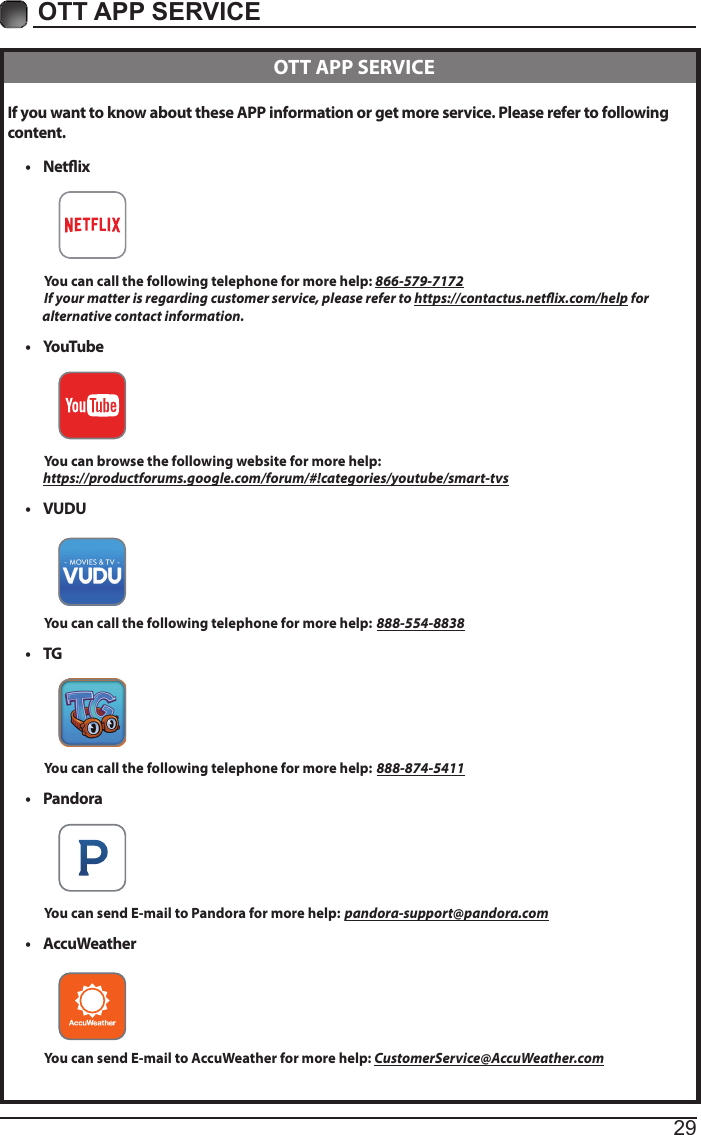 29OTT APP SERVICE If you want to know about these APP information or get more service. Please refer to following content.&bull; Netix          You can call the following telephone for more help: 866-579-7172         If your matter is regarding customer service, please refer to https://contactus.netix.com/help for               alternative contact information.&bull; YouTube          You can browse the following website for more help:         https://productforums.google.com/forum/#!categories/youtube/smart-tvs&bull; VUDU          You can call the following telephone for more help: 888-554-8838&bull; TG          You can call the following telephone for more help: 888-874-5411&bull; Pandora          You can send E-mail to Pandora for more help: pandora-support@pandora.com&bull; AccuWeather          You can send E-mail to AccuWeather for more help: CustomerService@AccuWeather.com  OTT APP SERVICE