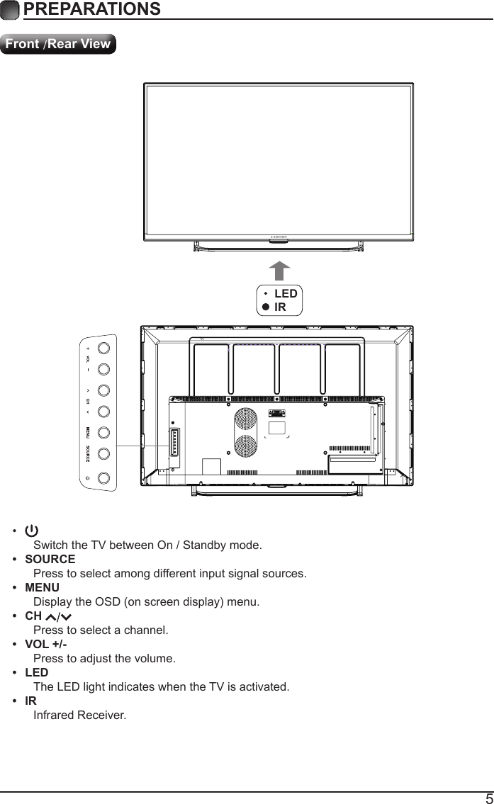 5PREPARATIONS &bull;Switch the TV between On / Standby mode.&bull;  SOURCEPress to select among different input signal sources.&bull;  MENUDisplaytheOSD(onscreendisplay)menu.&bull;  CH Press to select a channel.&bull;  VOL +/-Press to adjust the volume.&bull;  LEDThe LED light indicates when the TV is activated.&bull;  IRInfrared Receiver.Front /Rear ViewLEDIR