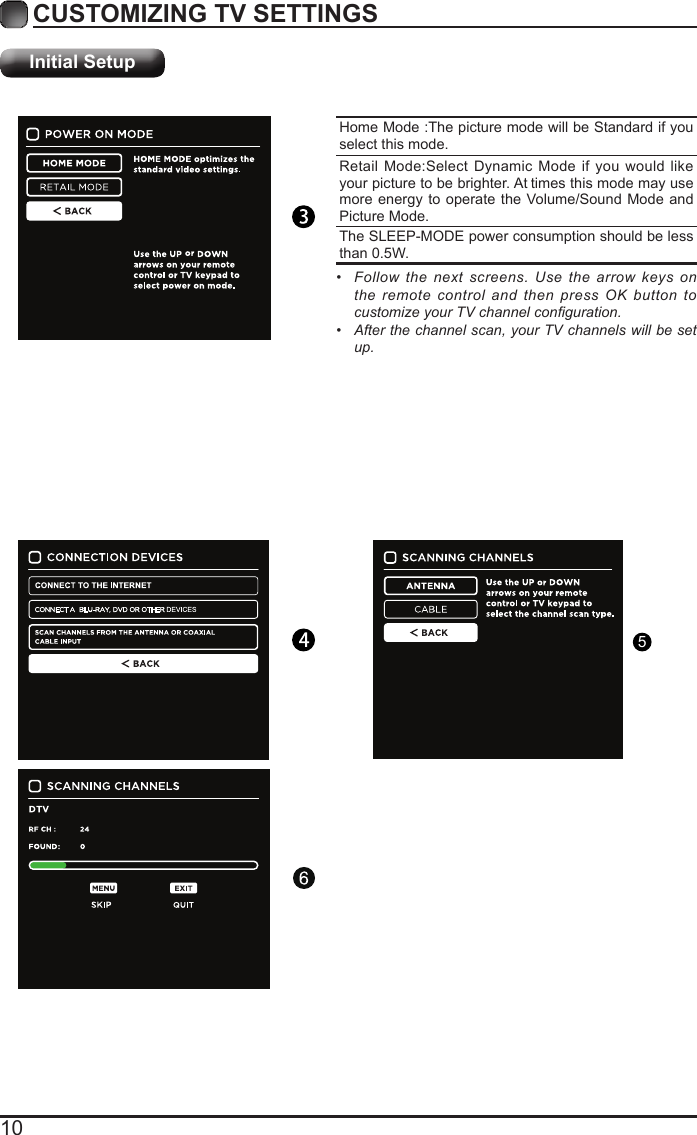 10CUSTOMIZING TV SETTINGSInitial SetupHome Mode :The picture mode will be Standard if you select this mode.Retail Mode:Select Dynamic Mode if you would like your picture to be brighter. At times this mode may use more energy to operate the Volume/Sound Mode and Picture Mode.The SLEEP-MODE power consumption should be less than 0.5W.&bull;  Follow the next screens. Use the arrow keys on the remote control and then press OK button to customize your TV channel conguration.&bull;  After the channel scan, your TV channels will be set up.5